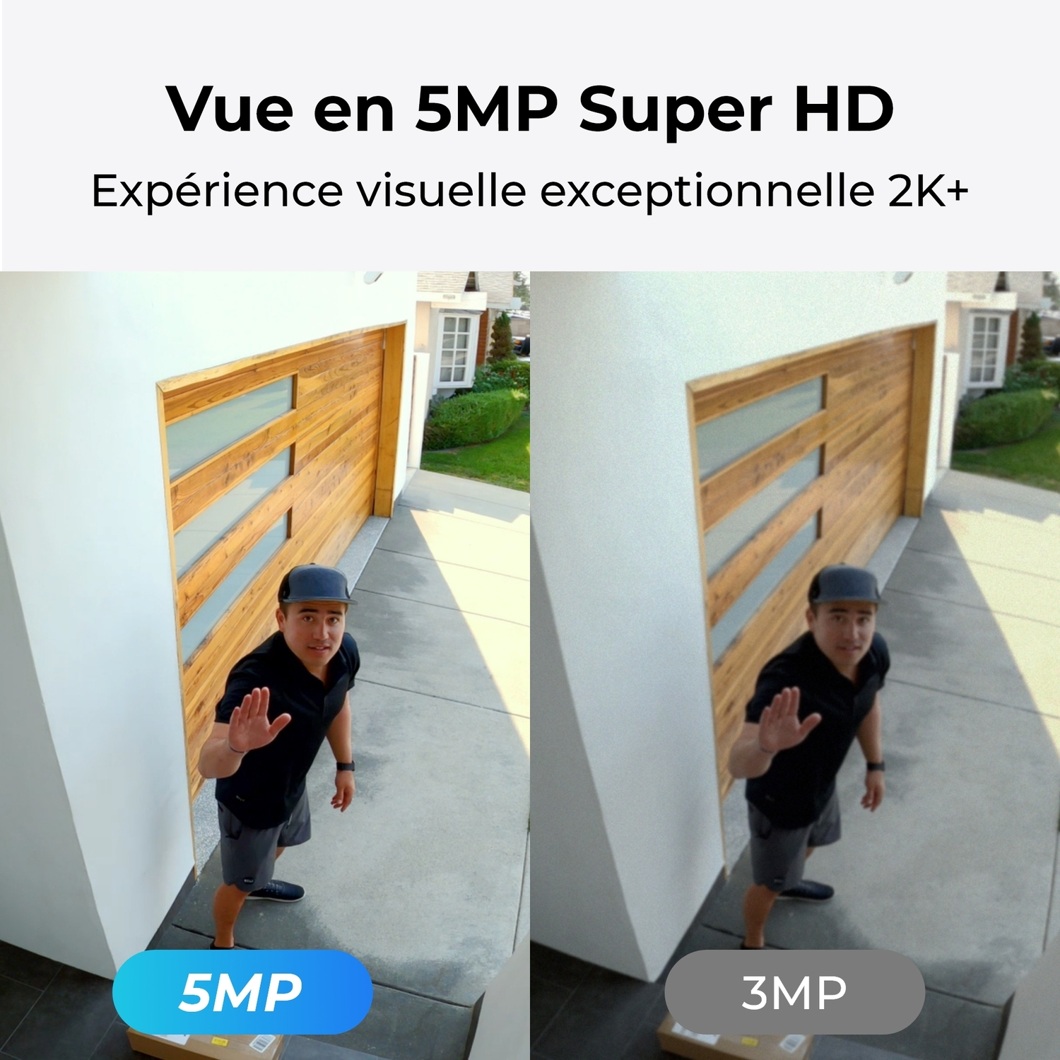 Deux images côte à côte. Un homme fait signe depuis une allée. L'image 5MP est plus lumineuse que l'image 3MP.