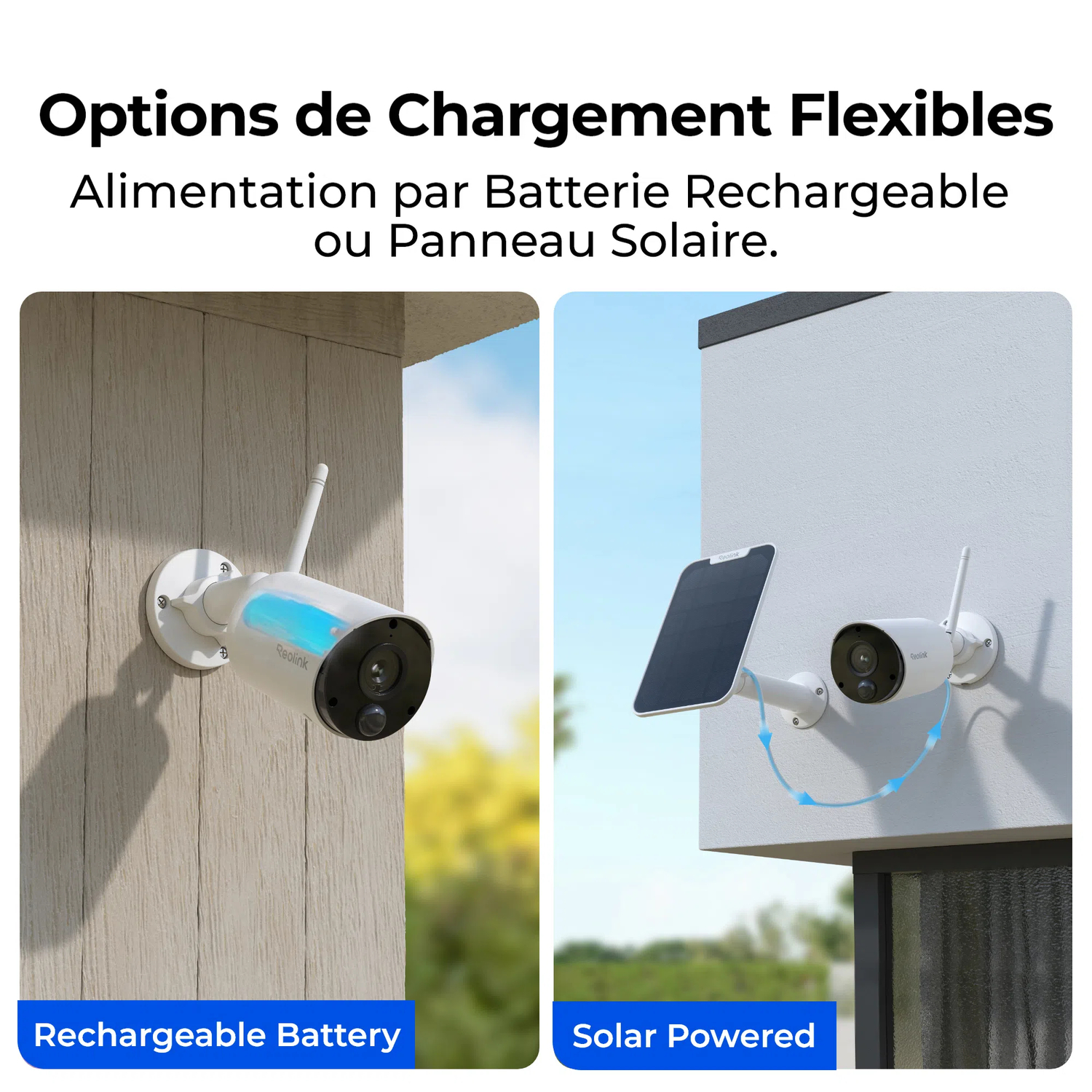 Deux images: une caméra de sécurité sur un mur et une autre avec un panneau solaire attaché. Lumière bleue sans fil allumée.