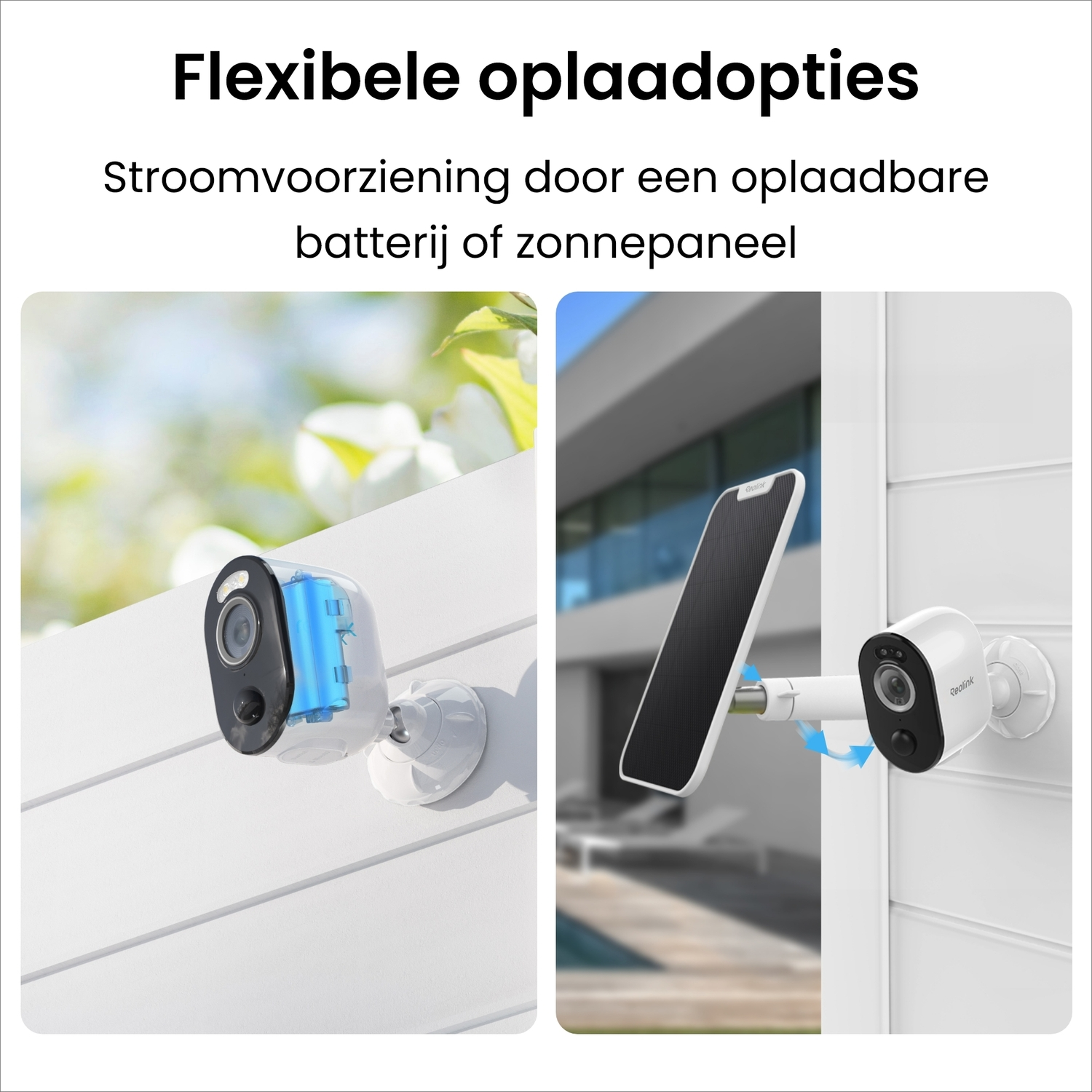 The image shows a security camera with a rechargeable battery and one with a solar panel. They are mounted on a wall.