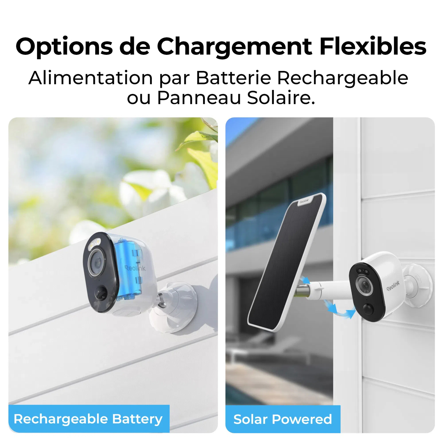 L'image montre une caméra de sécurité avec une batterie rechargeable et une avec un panneau solaire. Elles sont montées sur un mur.
