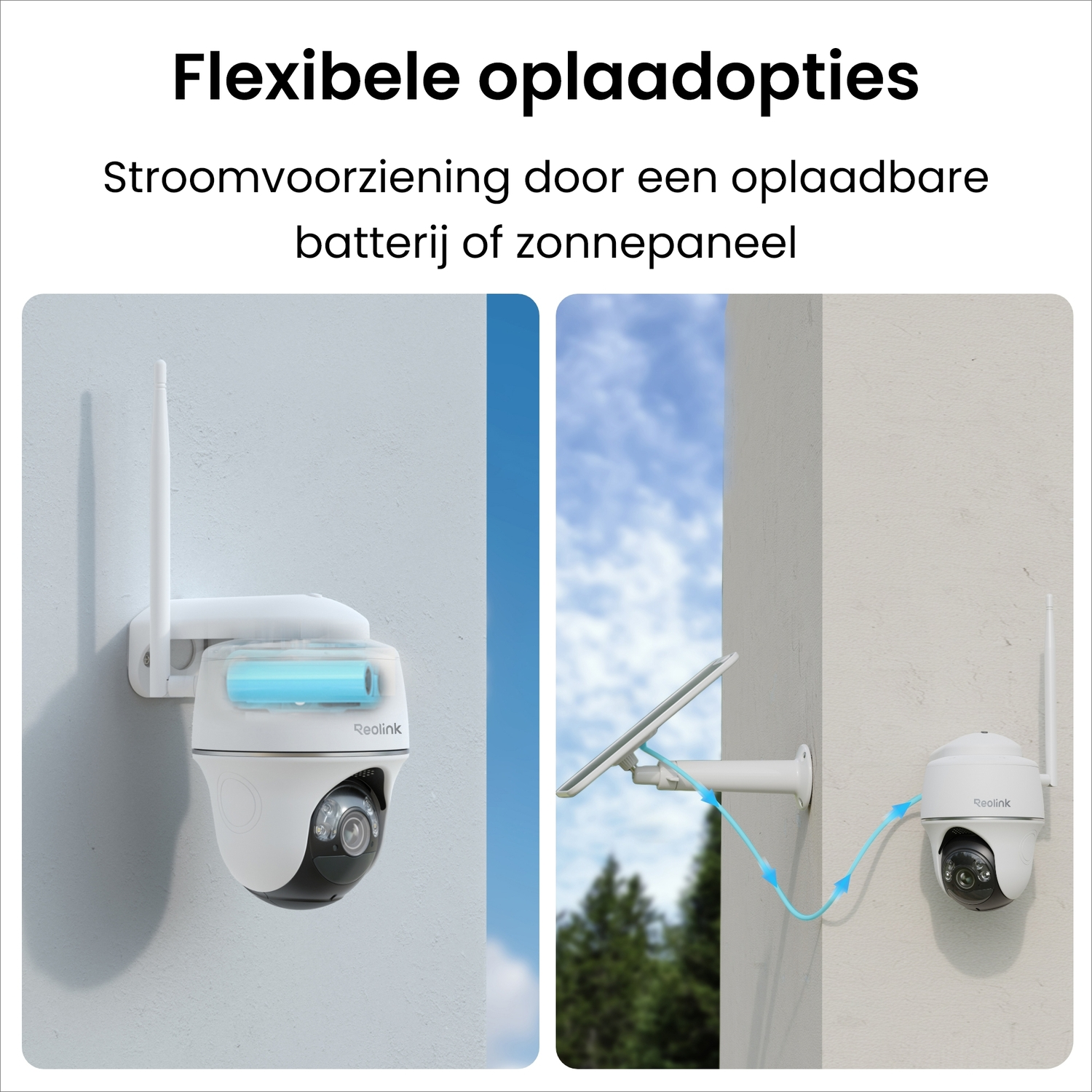Afbeelding toont beveiligingscamera's met verschillende voedingsopties. Tekst: 'Flexibele oplaadopties'.