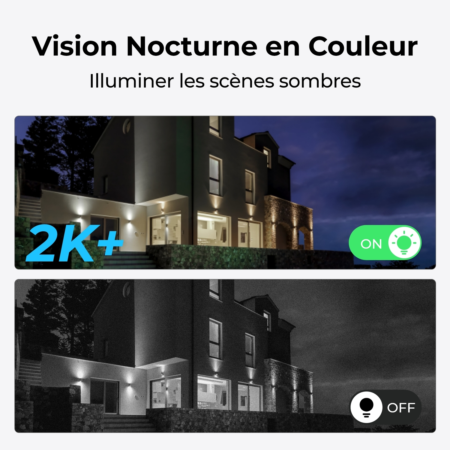 L'image montre une maison de nuit avec des lumières, et une autre en noir et blanc. Texte : 'Vision Nocturne en Couleur'.