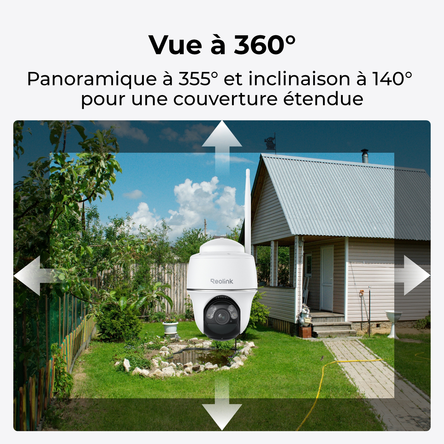 L'image montre une caméra de sécurité avec une vue large d'une cour et d'une maison. Texte : 'Vue à 360°'.