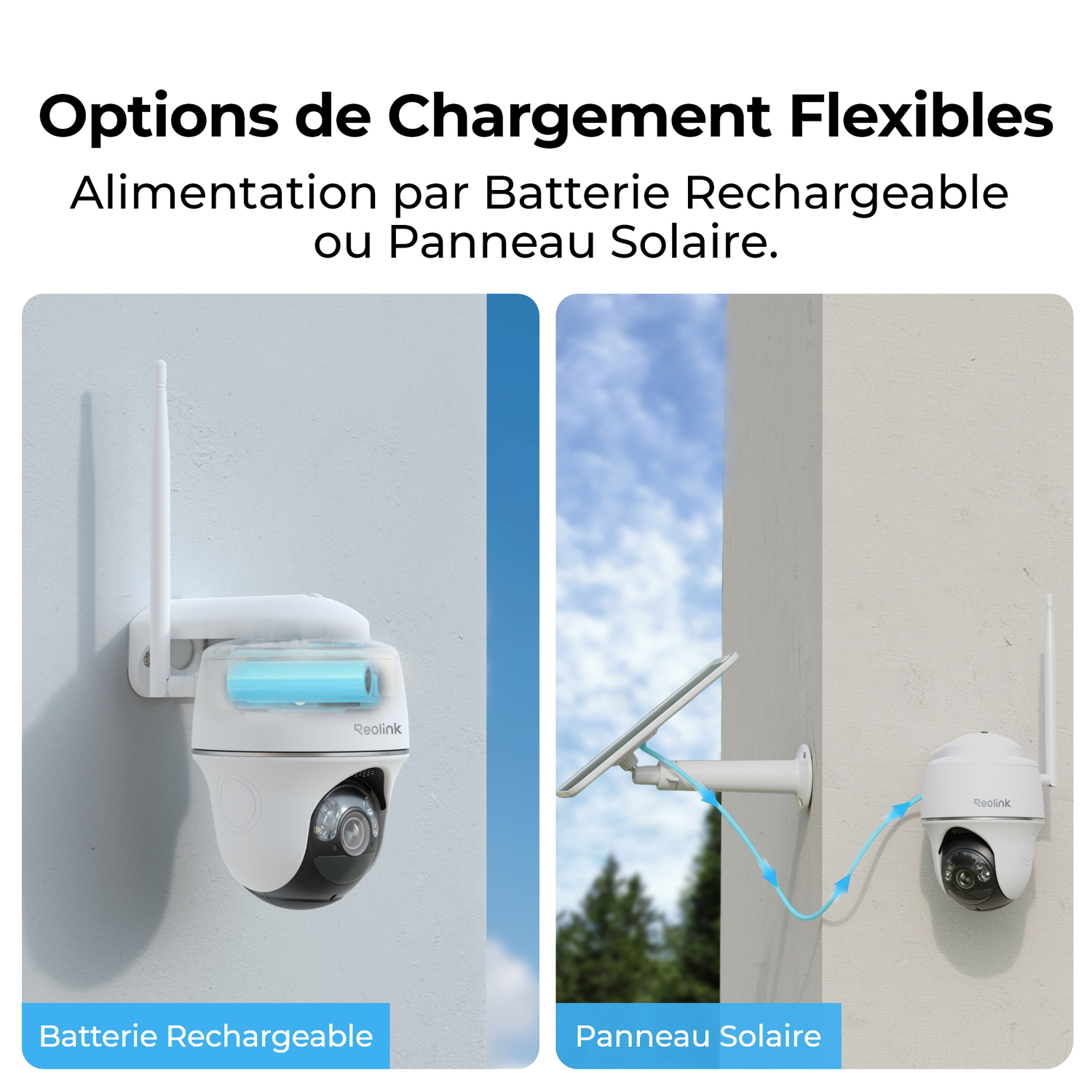 Images montrent des caméras de sécurité avec batterie rechargeable et panneaux solaires.