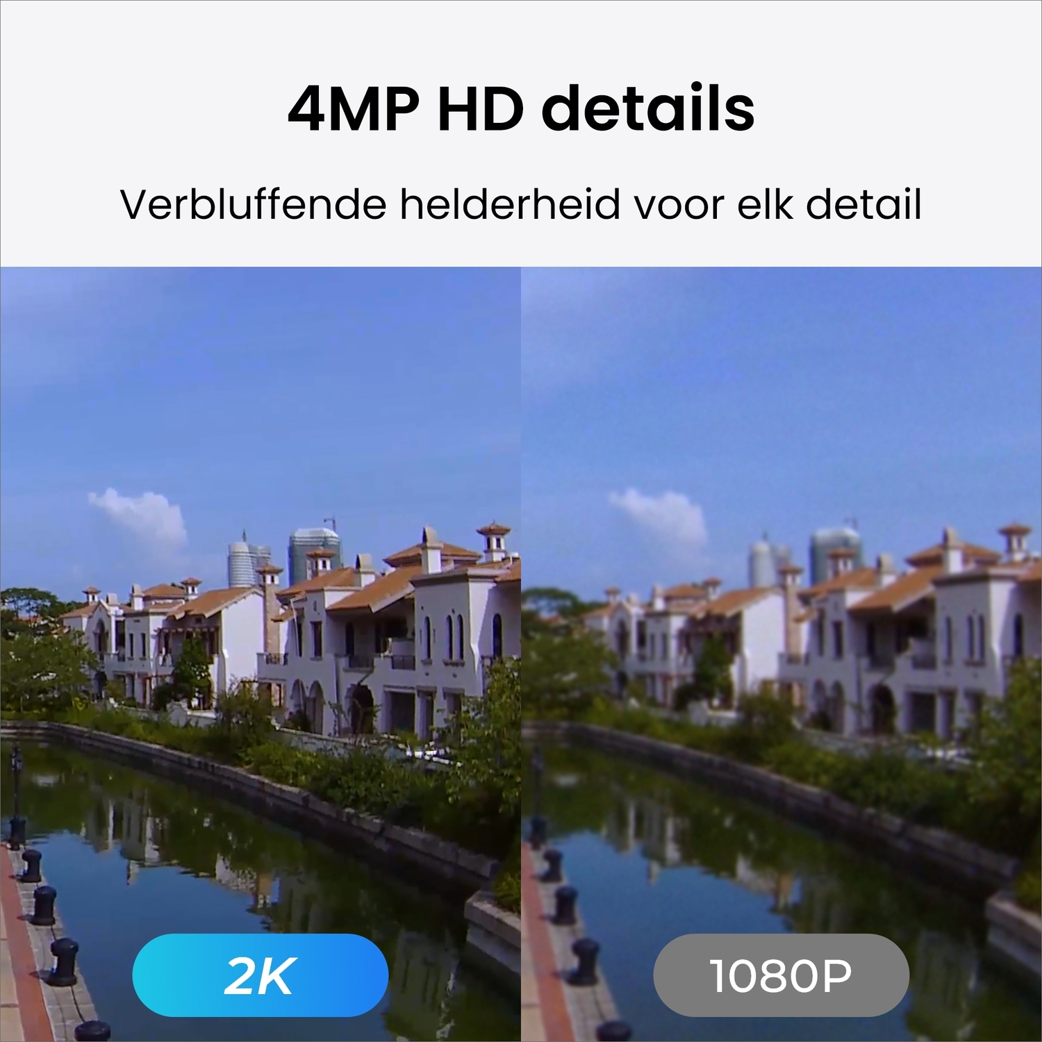 Afbeelding toont een vergelijking tussen een 2K en een 1080P afbeelding, die de verschillen in helderheid toont.