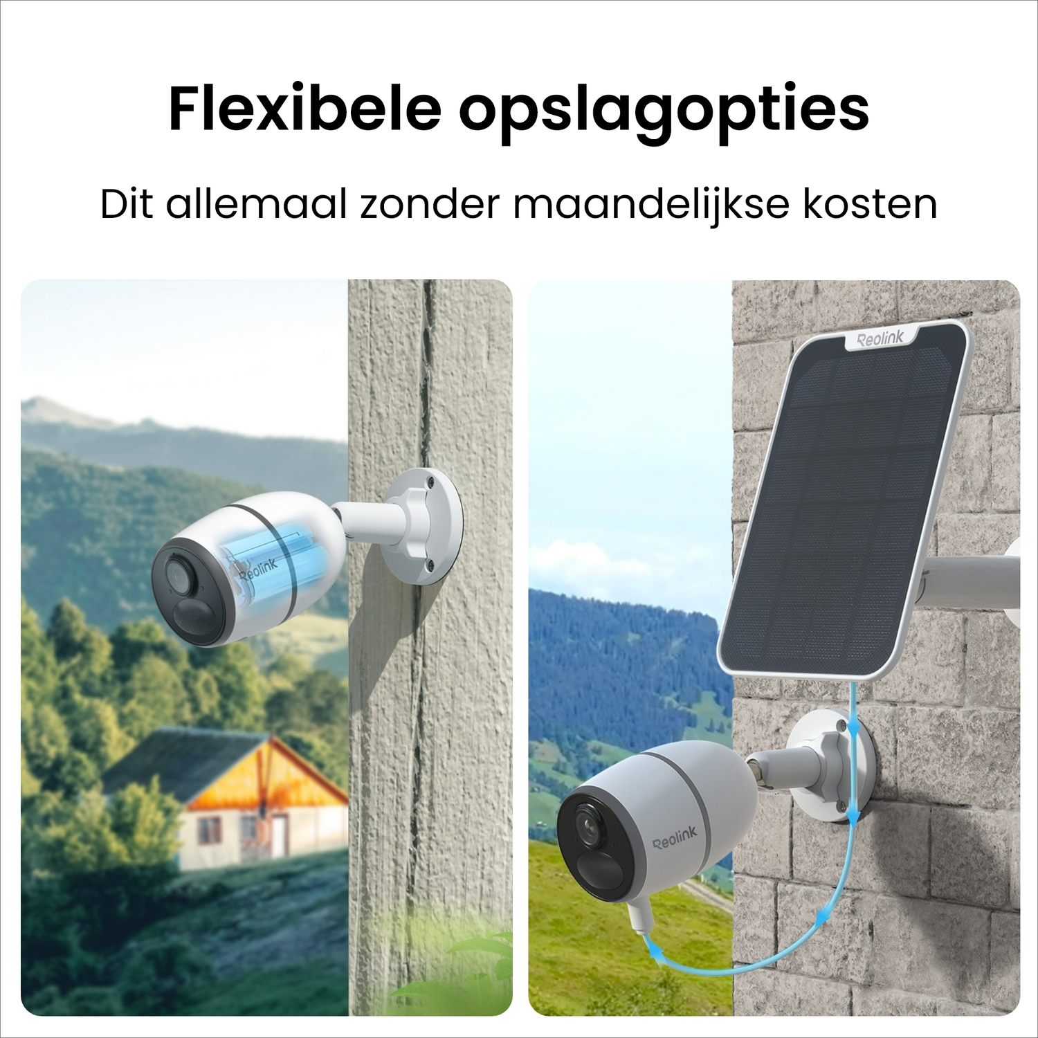 Afbeeldingen tonen beveiligingscamera's met zonnepaneelvoeding en verschillende montageopstellingen, die veelzijdigheid aantonen.