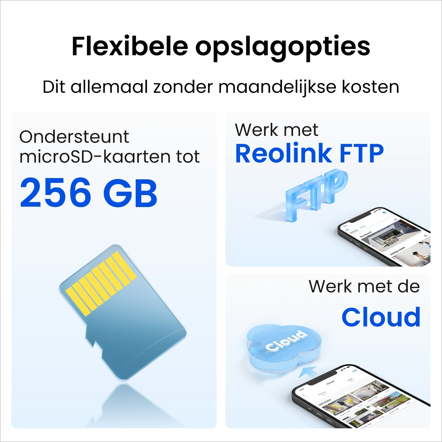 Afbeelding toont een microSD-kaart en opties voor cloud- en Reolink FTP-opslag, die opslagflexibiliteit aantoont.