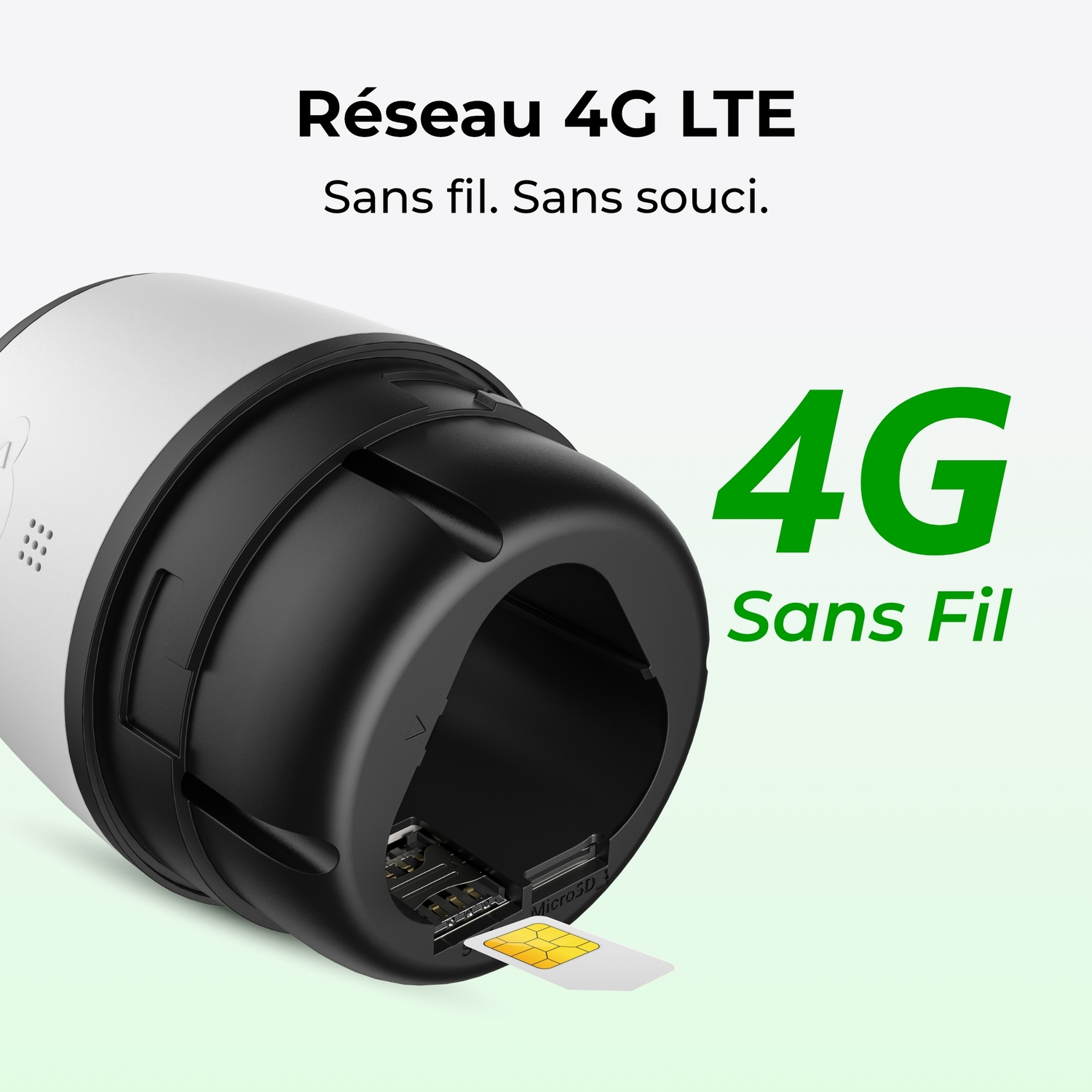 Gros plan d'une caméra de sécurité avec fente ouverte pour carte SIM et logo 4G en vert.