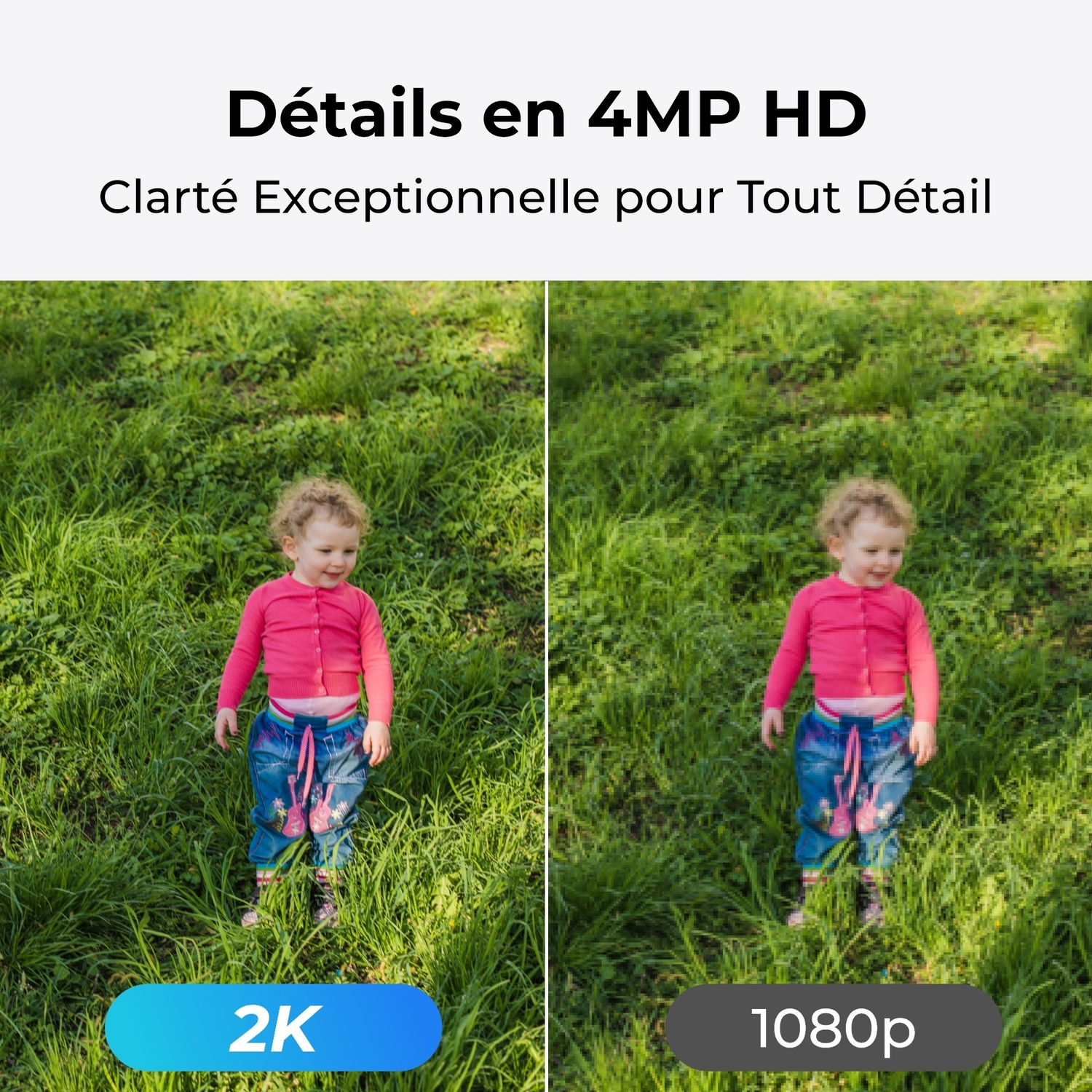 Deux images côte à côte, l'une avec une résolution de 2K et l'autre avec 1080p, montrant une fille sur l'herbe.