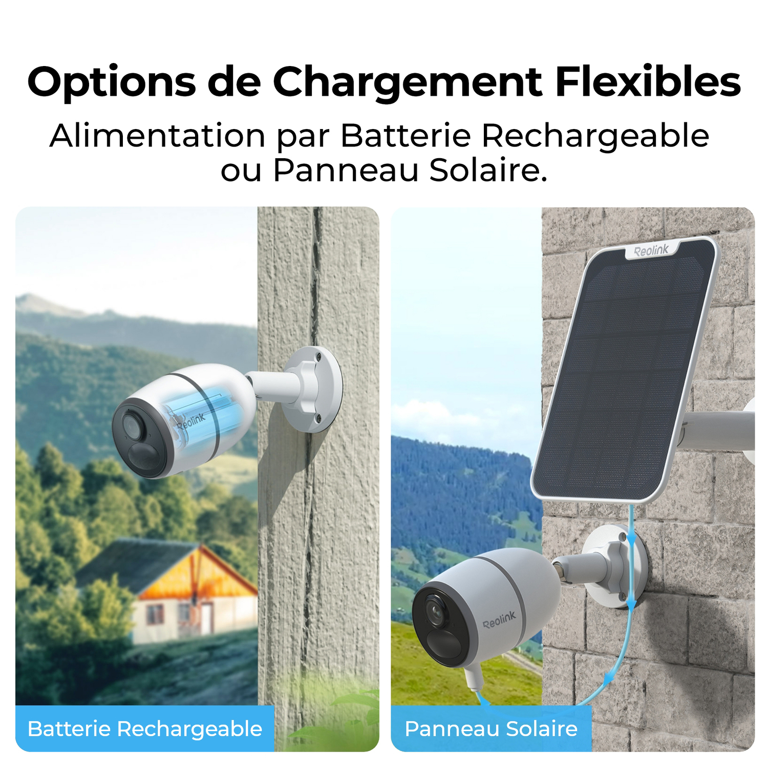 Deux images montrant une caméra de sécurité avec une batterie rechargeable et une configuration de panneau solaire.