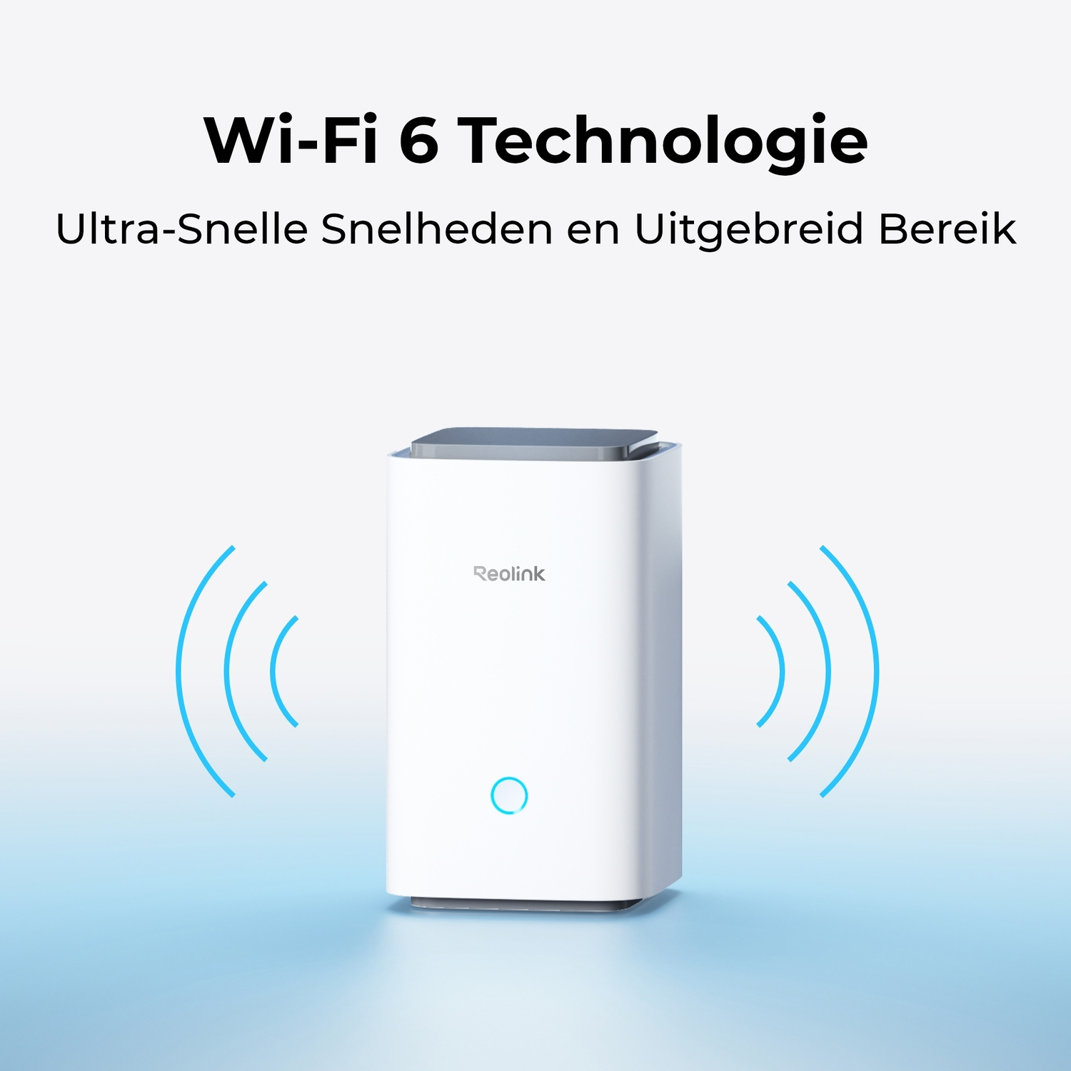 White device with blue WiFi waves. Text: Wi-Fi 6 Technology, Ultra-Fast Speeds and Extended Range.