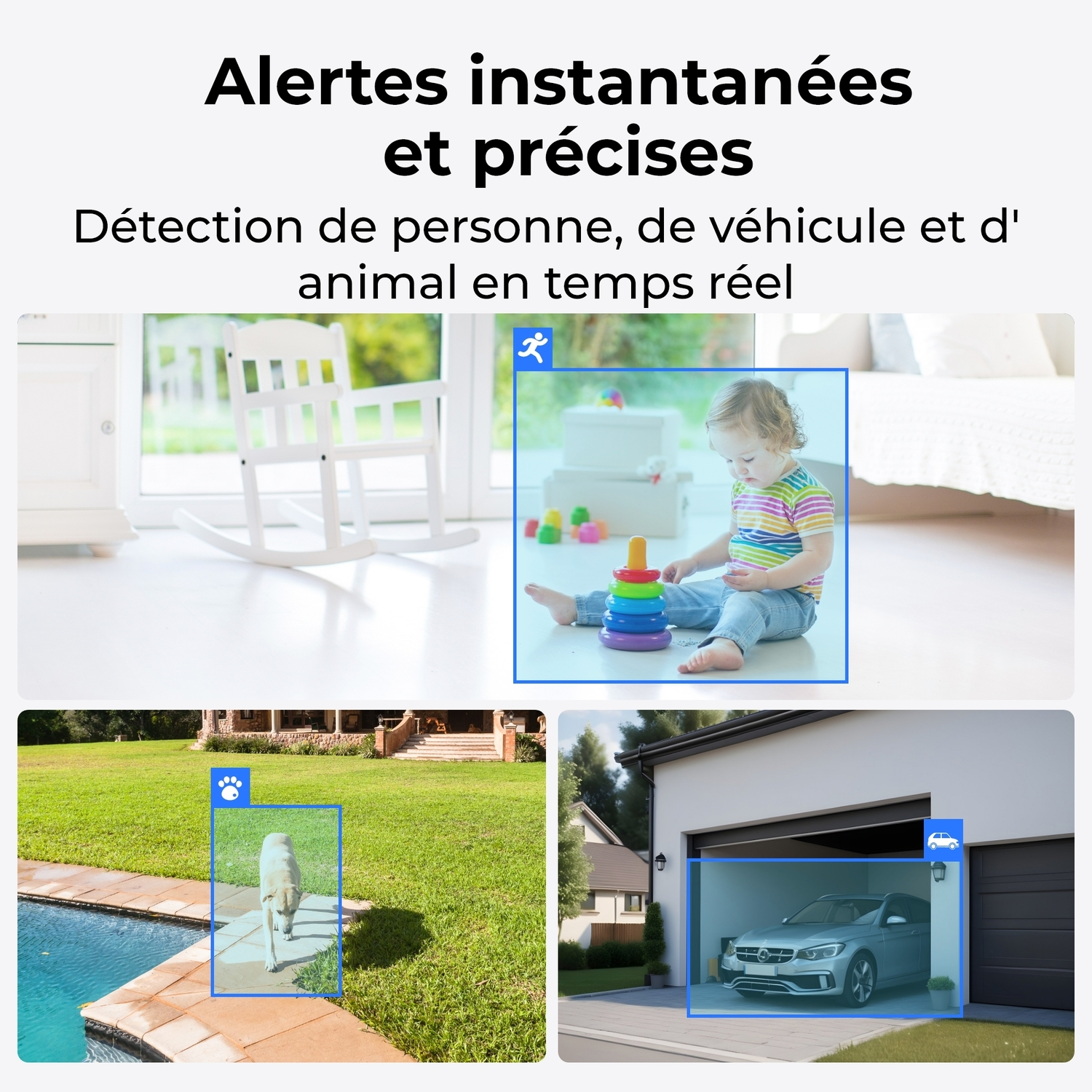 Plusieurs images : enfant, chien et voiture. Texte : Alertes instantanées et précises, détection de personnes, de véhicules et d'animaux.