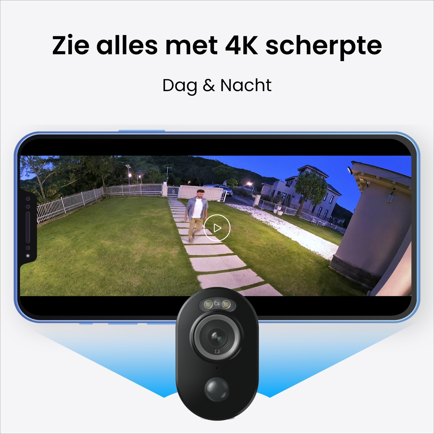 Smartphone displaying outdoor scene. Black camera with a play button is in front of the phone.