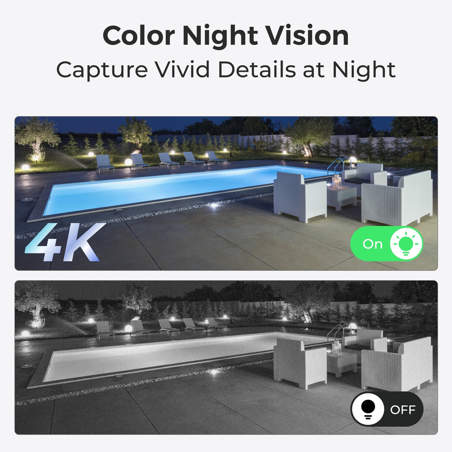 Swimming pool scene with the lights on and off. White chairs and tables are next to the pool.