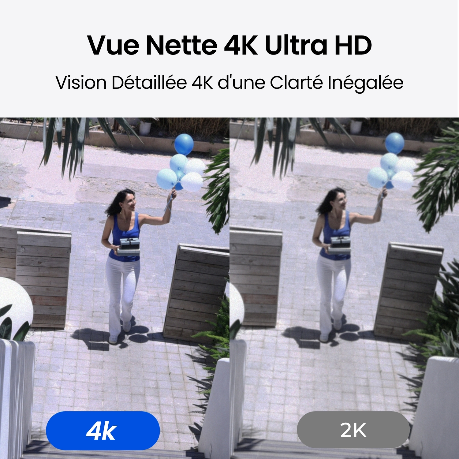 Deux images côte à côte, 4k et 2k, d'une femme tenant des ballons dans un escalier.