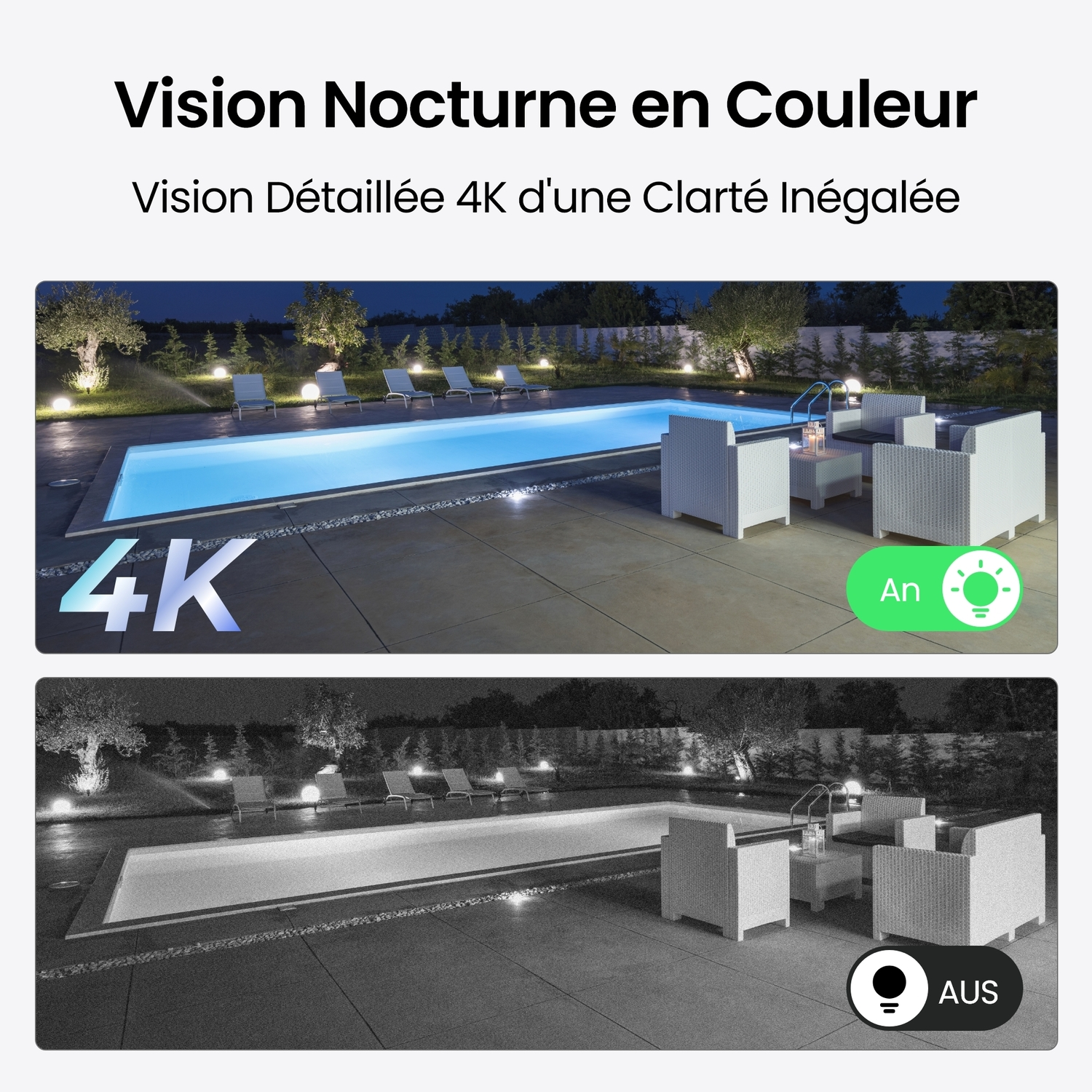 Scène de piscine avec lumières allumées et éteintes. Chaises et tables blanches.
