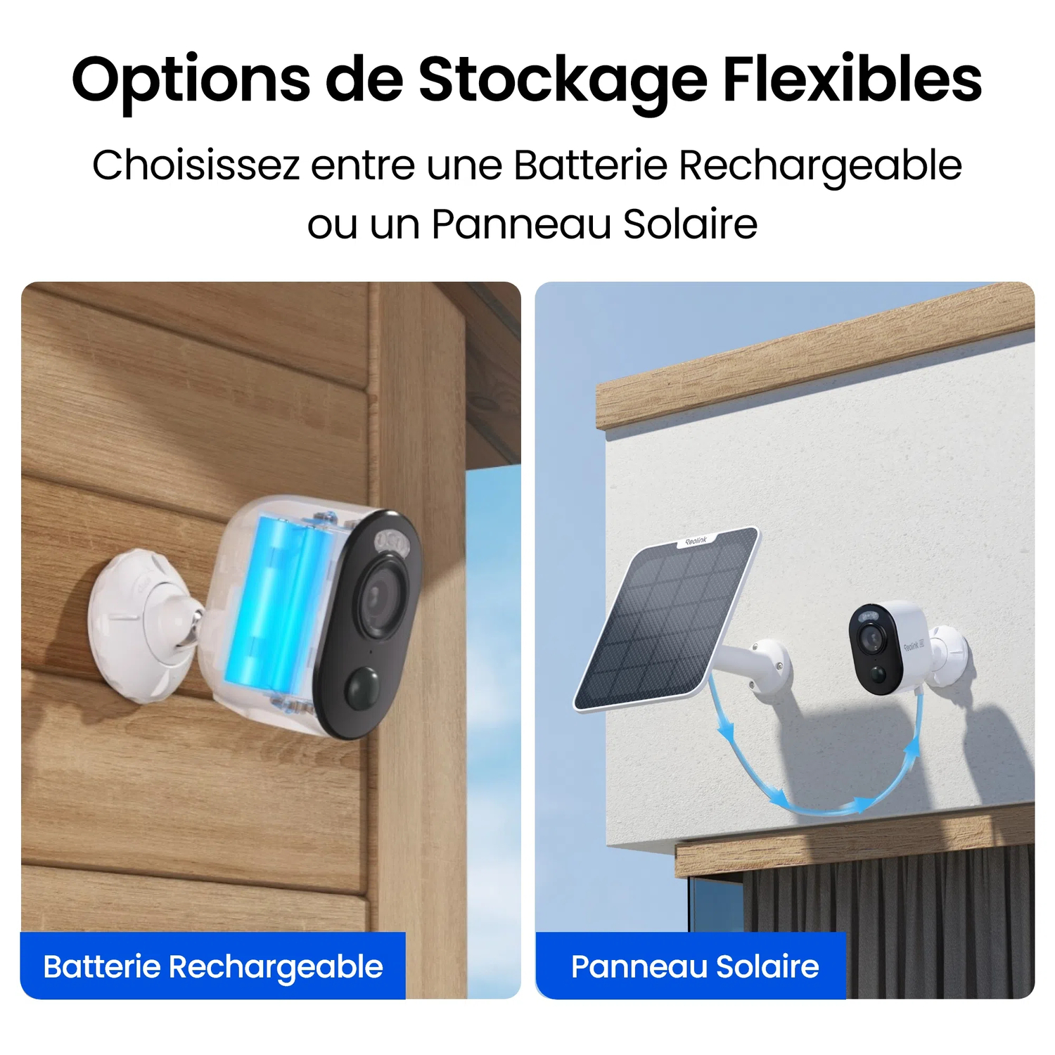 Caméra avec batteries et une avec panneau solaire. Les deux sur mur en bois.