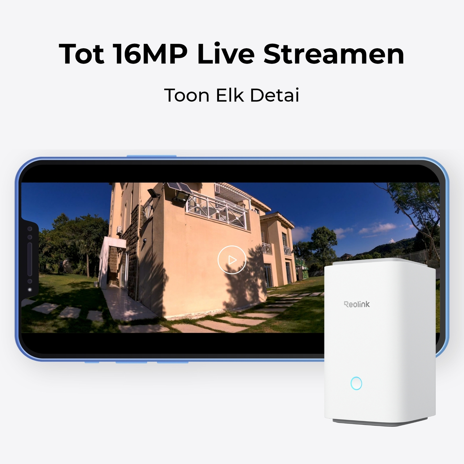 A phone screen showing a house with a play button, next to a white Reolink device.