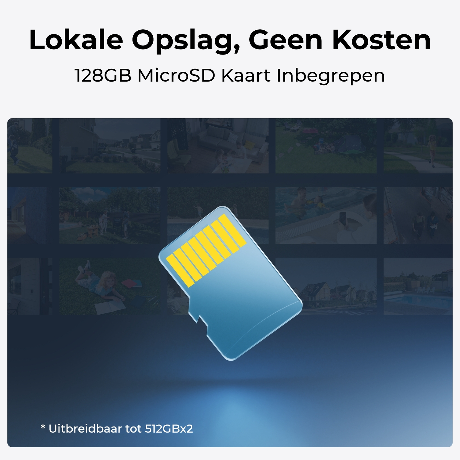 A blue SD card with a yellow connector, with a background of displayed videos.