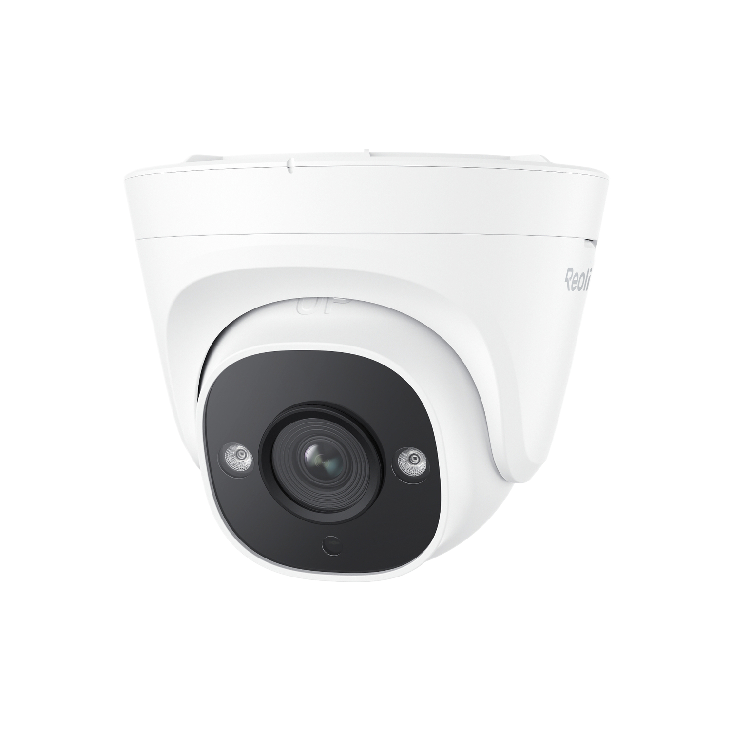 Caméra de sécurité blanche avec objectif noir, montée sur un mur. La caméra a un design élégant et moderne.