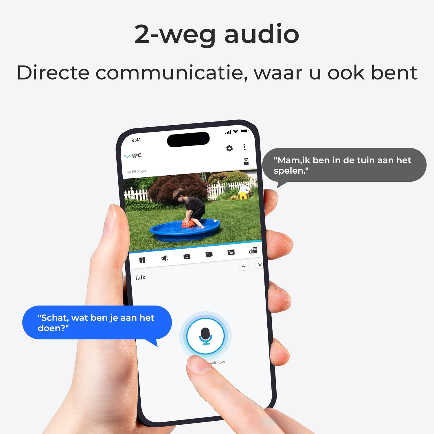A person holding a phone, communicating via audio with a child playing in a pool.