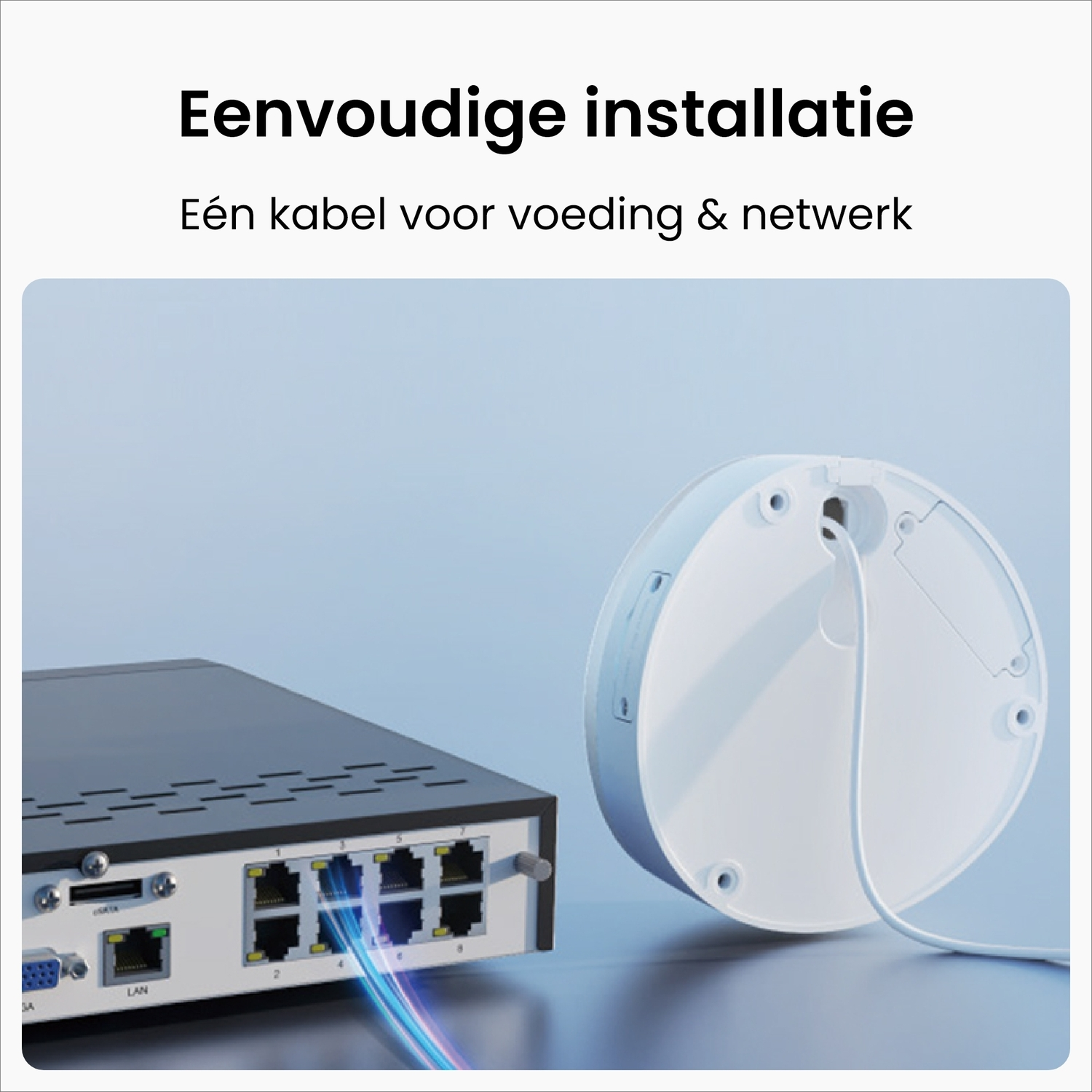 A black device connected to network cables, and a white device with a cable plugged in.