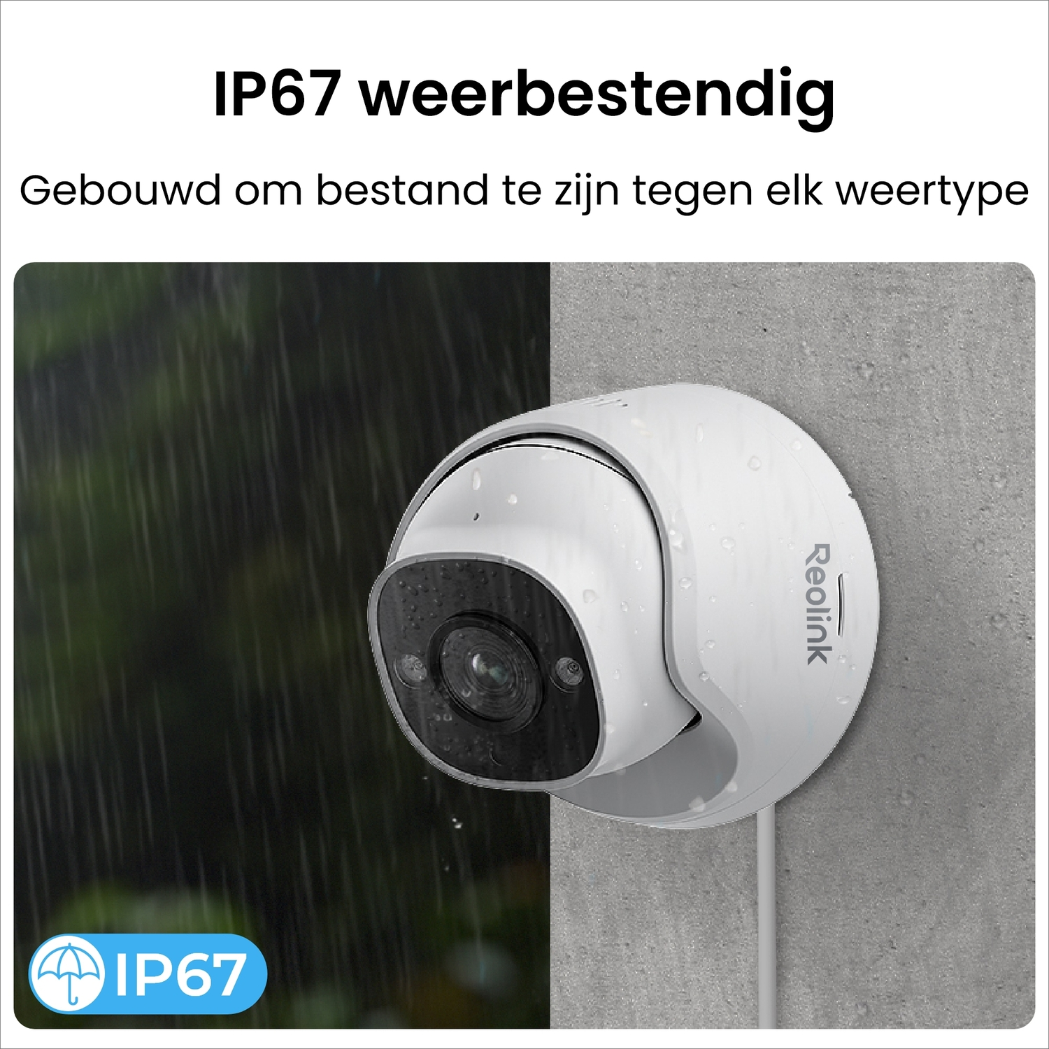 White security camera in the rain, with an IP67 label, showing weather resistance and durability.