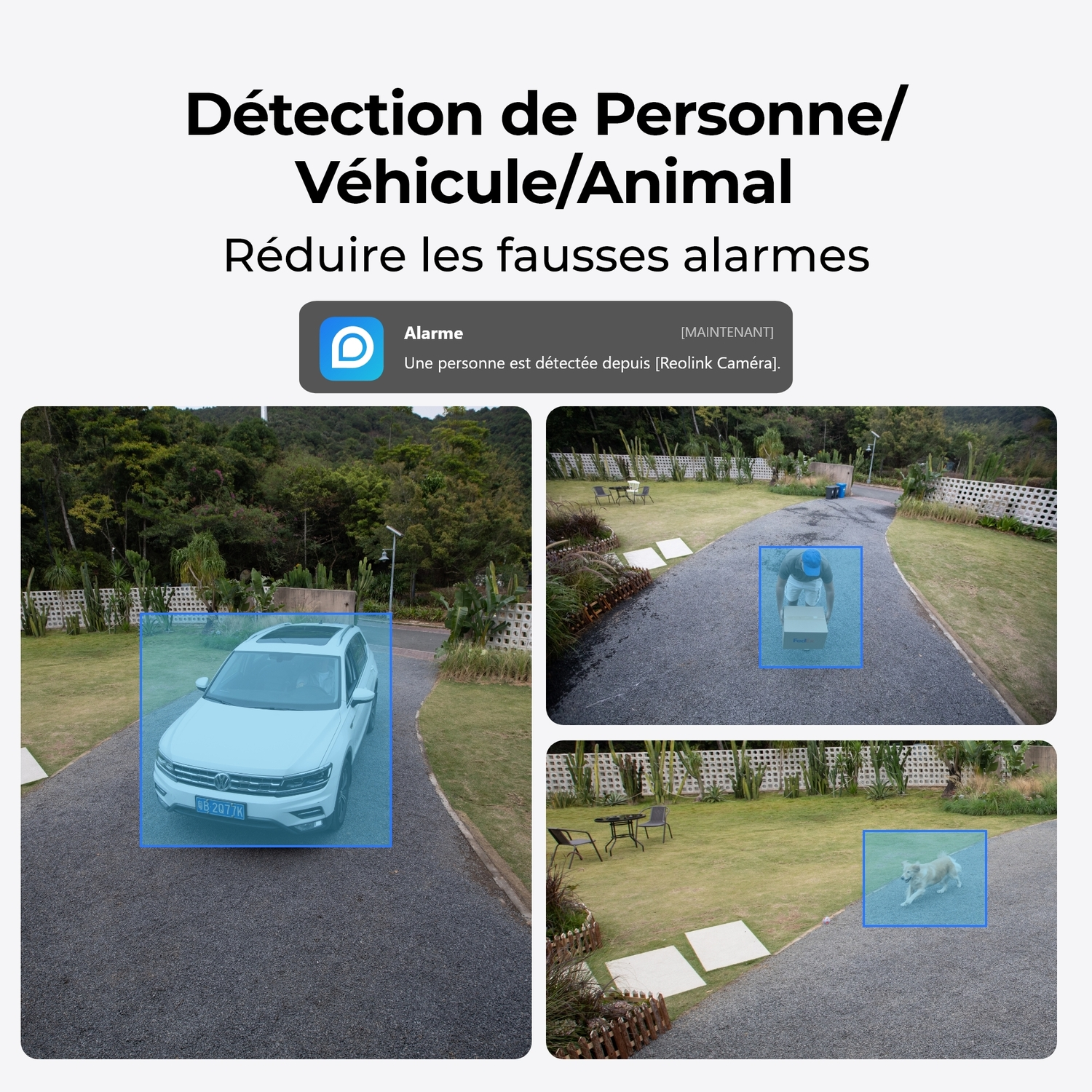 Images illustrant la détection de véhicules et de personnes avec des zones mises en évidence en bleu, indiquant la reconnaissance d'événements.