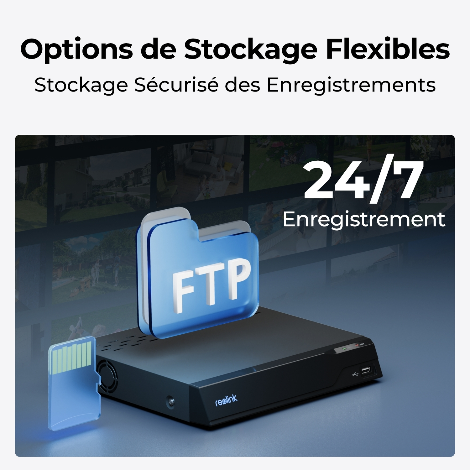 Un système de sécurité avec un disque dur, le logo FTP et une carte SD, illustrant les options de stockage.