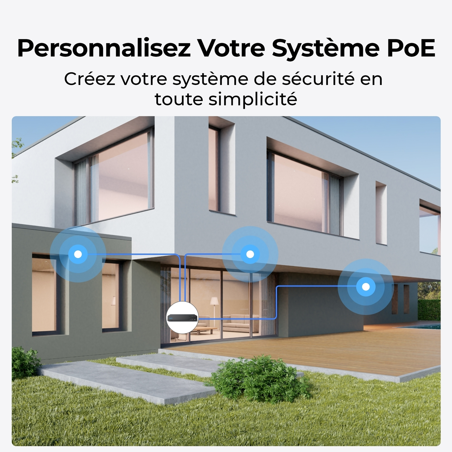 Une maison avec un schéma de système de panneaux solaires. Des lignes bleues relient une boîte noire à la maison et aux panneaux solaires.