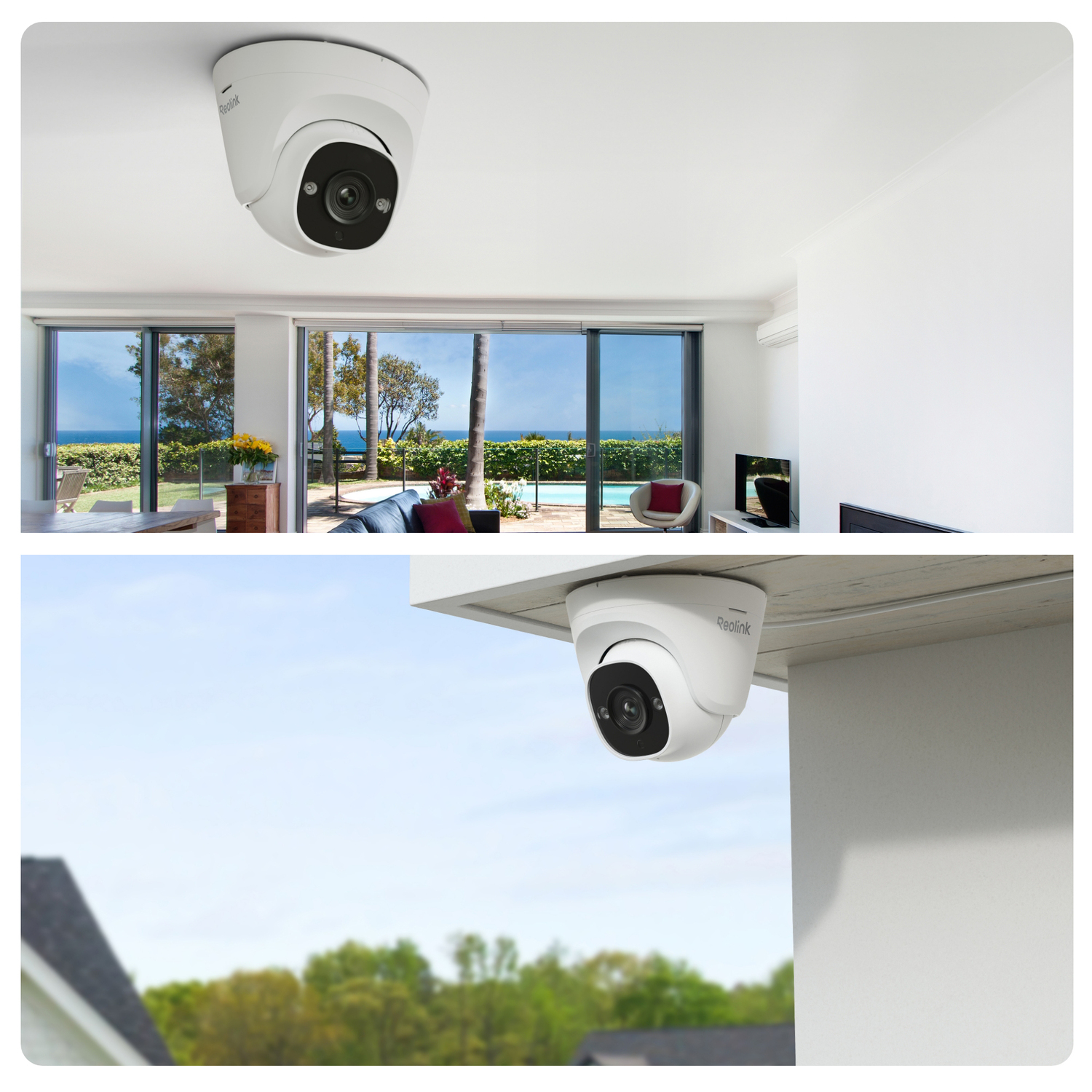 Deux images d'une caméra de sécurité, une à l'intérieur, une à l'extérieur. La caméra est blanche et en forme de dôme.