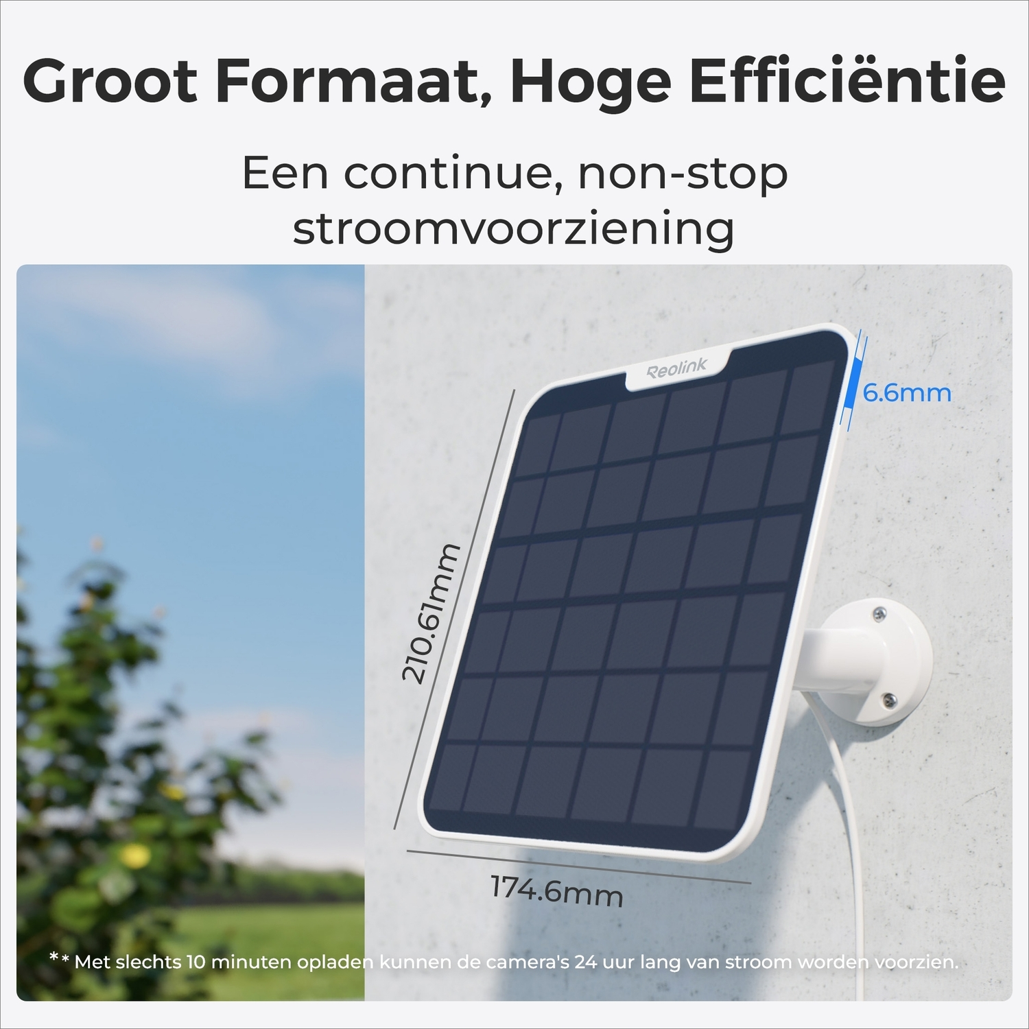 A solar panel is mounted on a wall. Dimensions are shown. The panel is 210.61mm x 174.6mm and 6.6mm thick.
