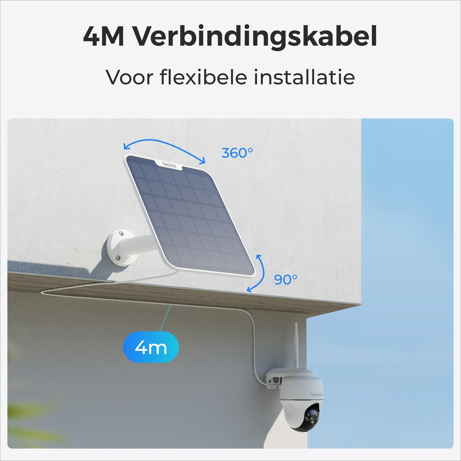 A solar panel mounted on a wall. A 4m cable connects it to a security camera. The panel can rotate 360° and 90°.