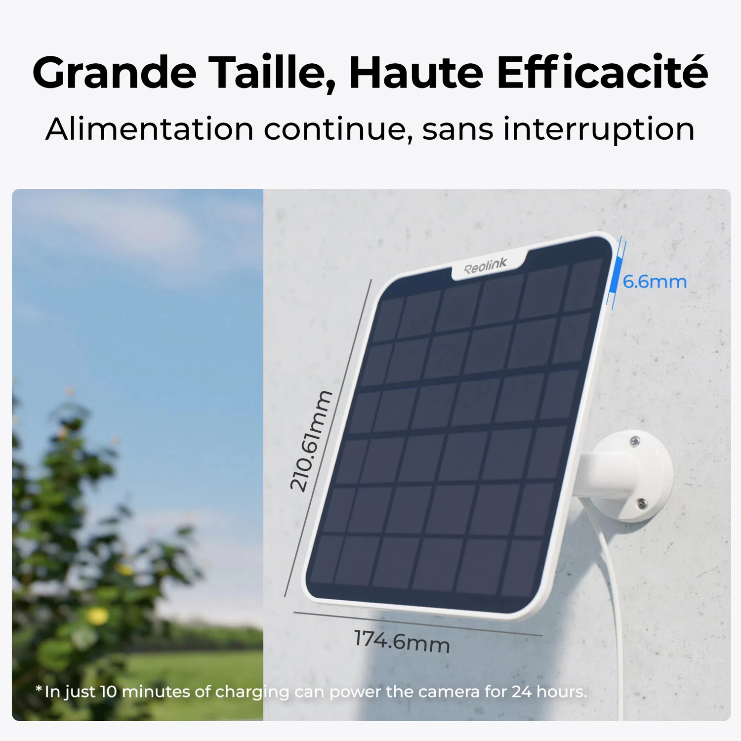 Un panneau solaire est monté sur un mur. Les dimensions sont indiquées. Le panneau mesure 210,61 mm x 174,6 mm et 6,6 mm d'épaisseur.
