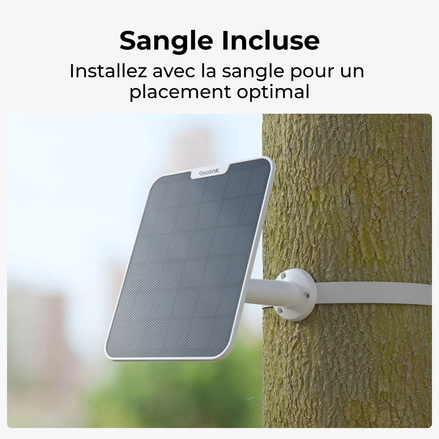 Panneau solaire sur un arbre avec une sangle. Texte : « Sangle Incluse » pour un placement optimal.
