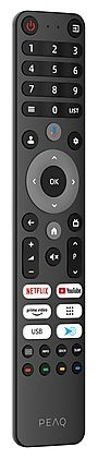 Pilot do telewizora PEAQ. Czarny z wieloma przyciskami, w tym Netflix, Youtube i USB.
