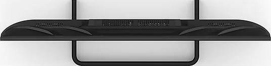 Widok z góry na czarny telewizor. Widoczny jest stojak i dół.