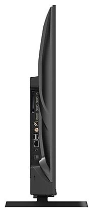 Widok z boku czarnego telewizora, pokazujący porty i połączenia.