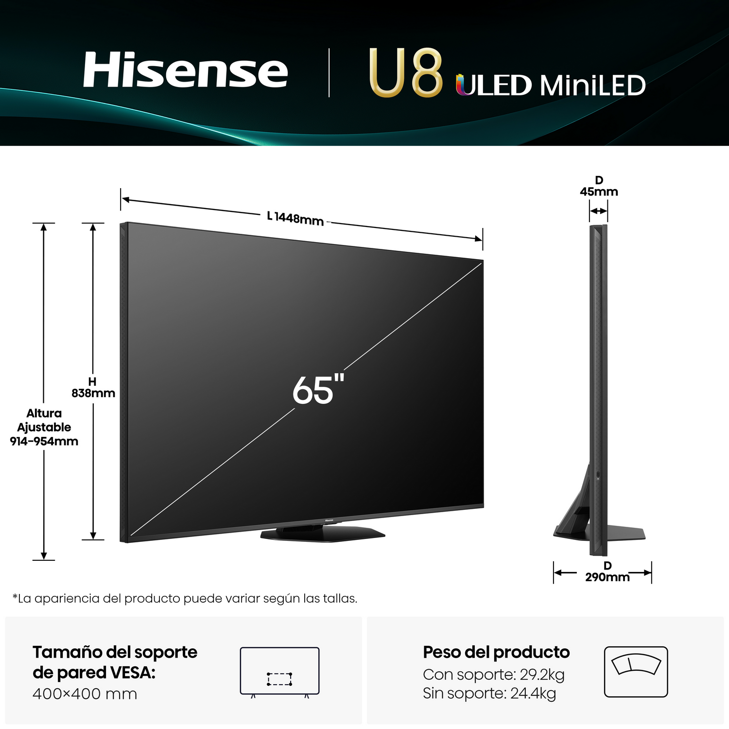 Un televisor con dimensiones y especificaciones, incluyendo altura, ancho y soporte VESA.