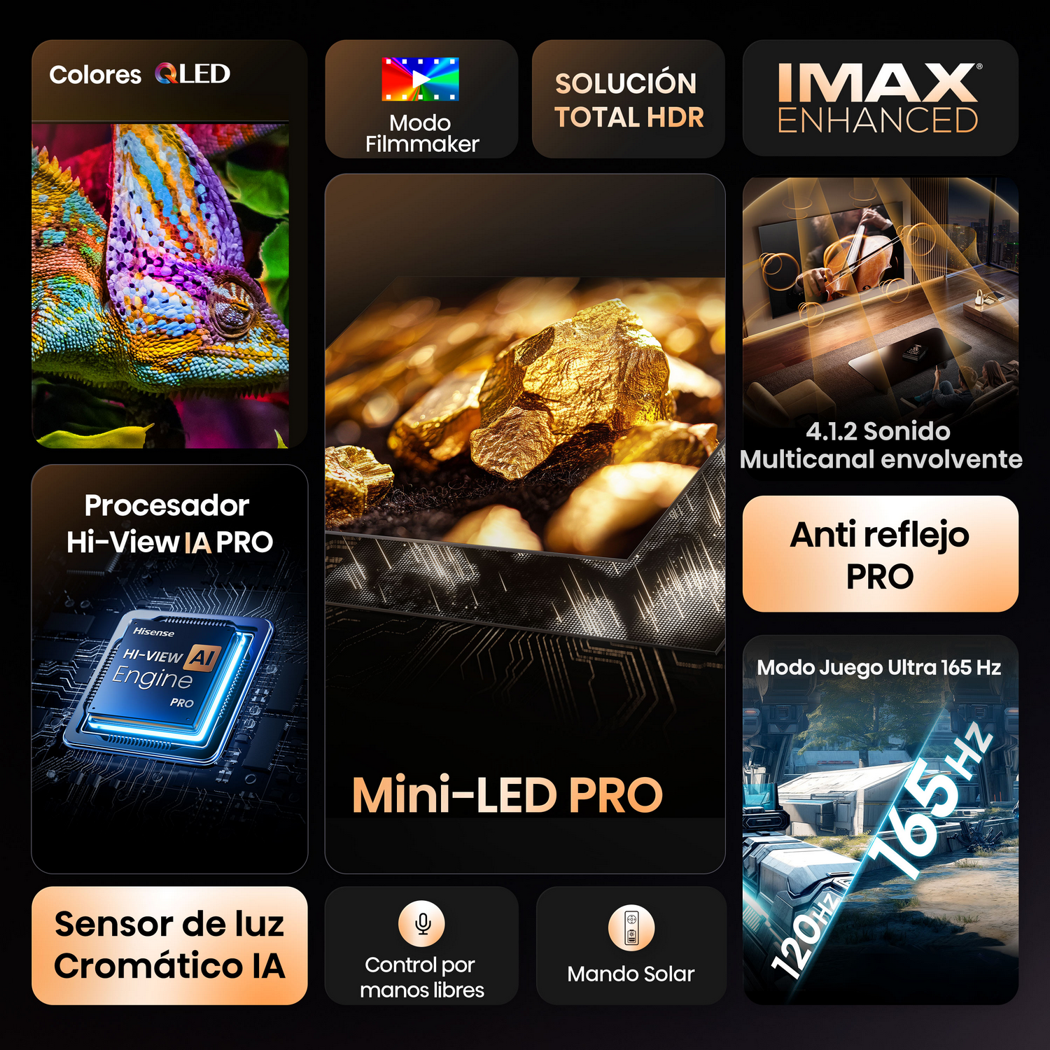 Una pantalla de producto con varias características como un camaleón, oro y una escena de juego.