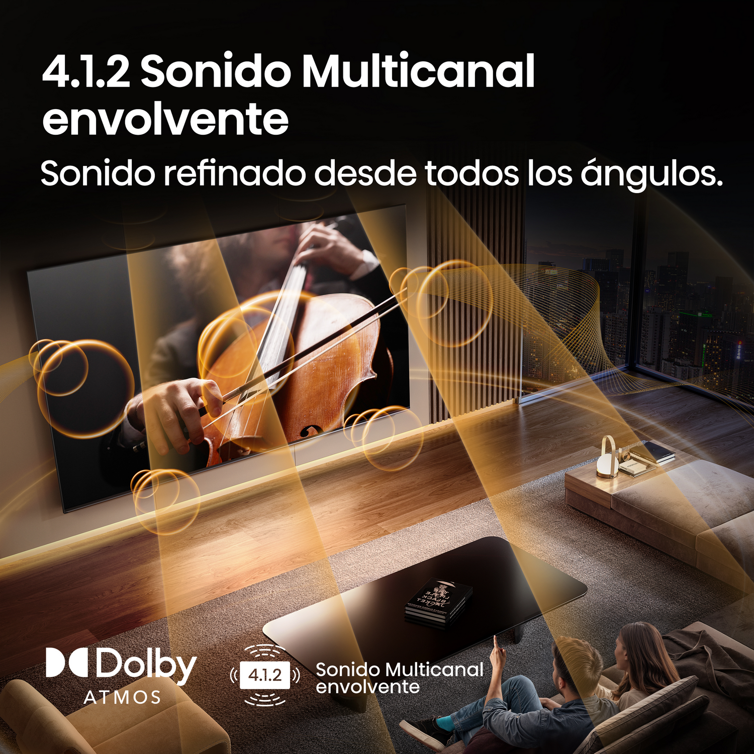 Una pantalla de TV muestra a un violinista. Las ondas de sonido emanan de la pantalla y el texto es visible.