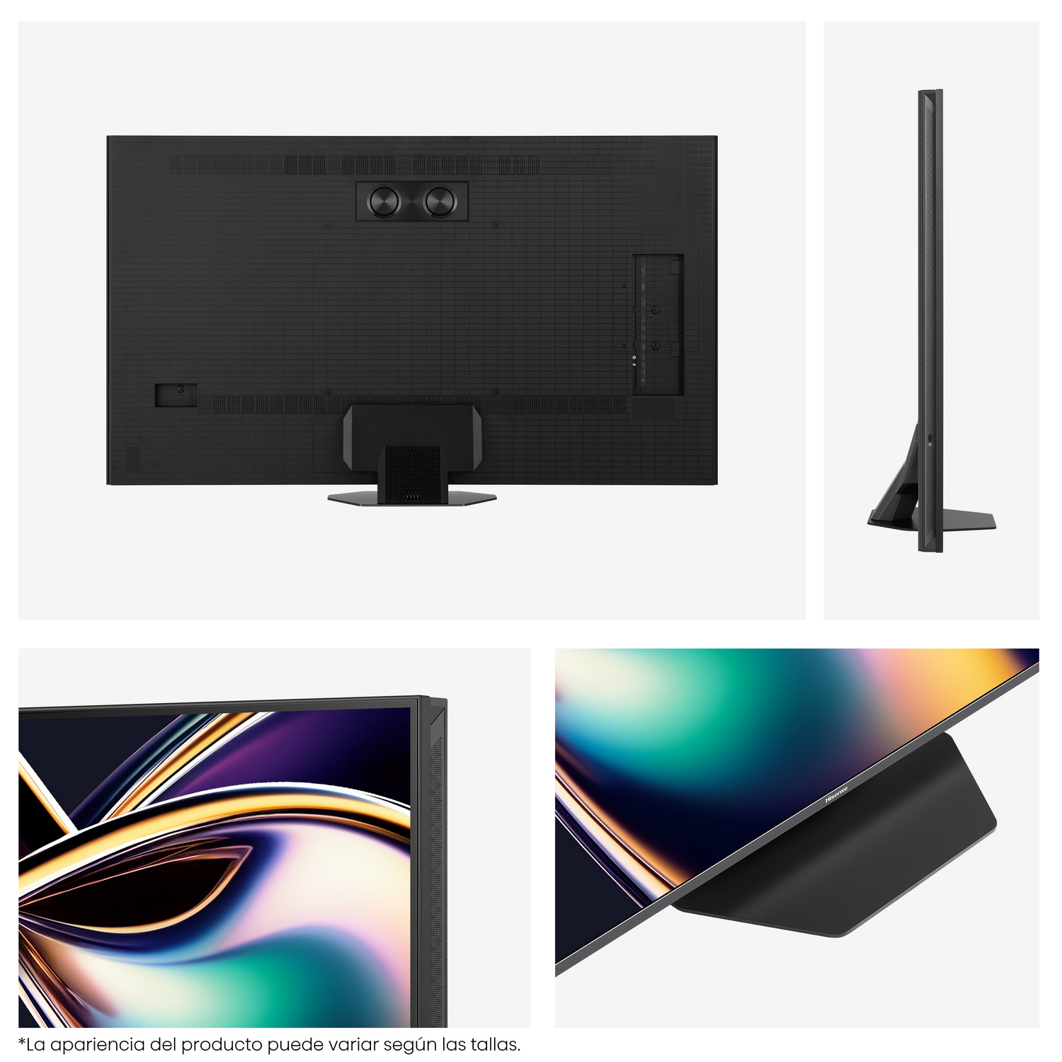 Varias vistas de un televisor, incluyendo la parte trasera, lateral y un primer plano del detalle de la pantalla.