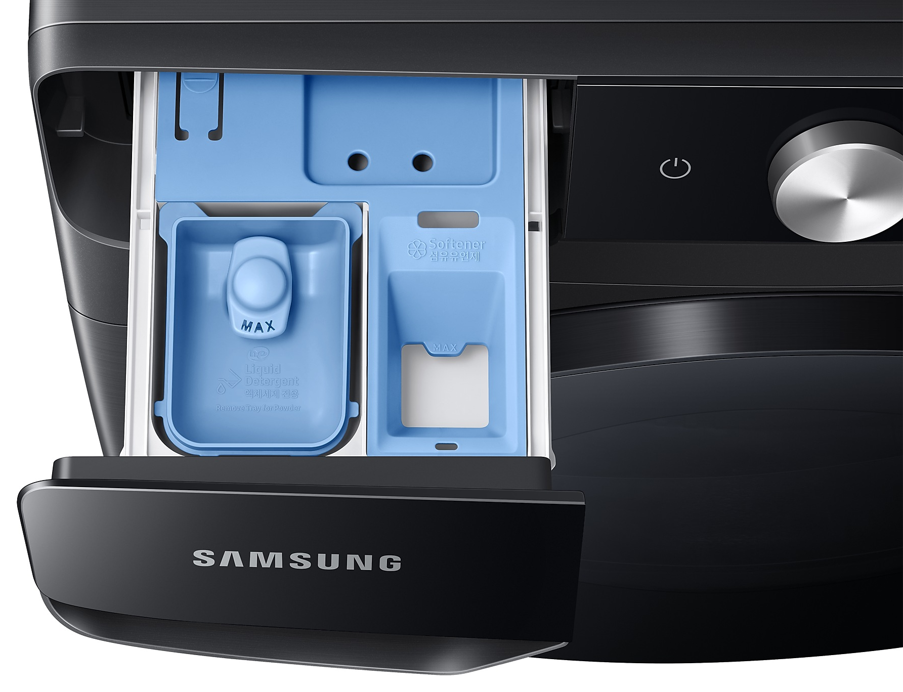 Közelkép egy Samsung mosógép nyitott mosószer-adagolójáról.