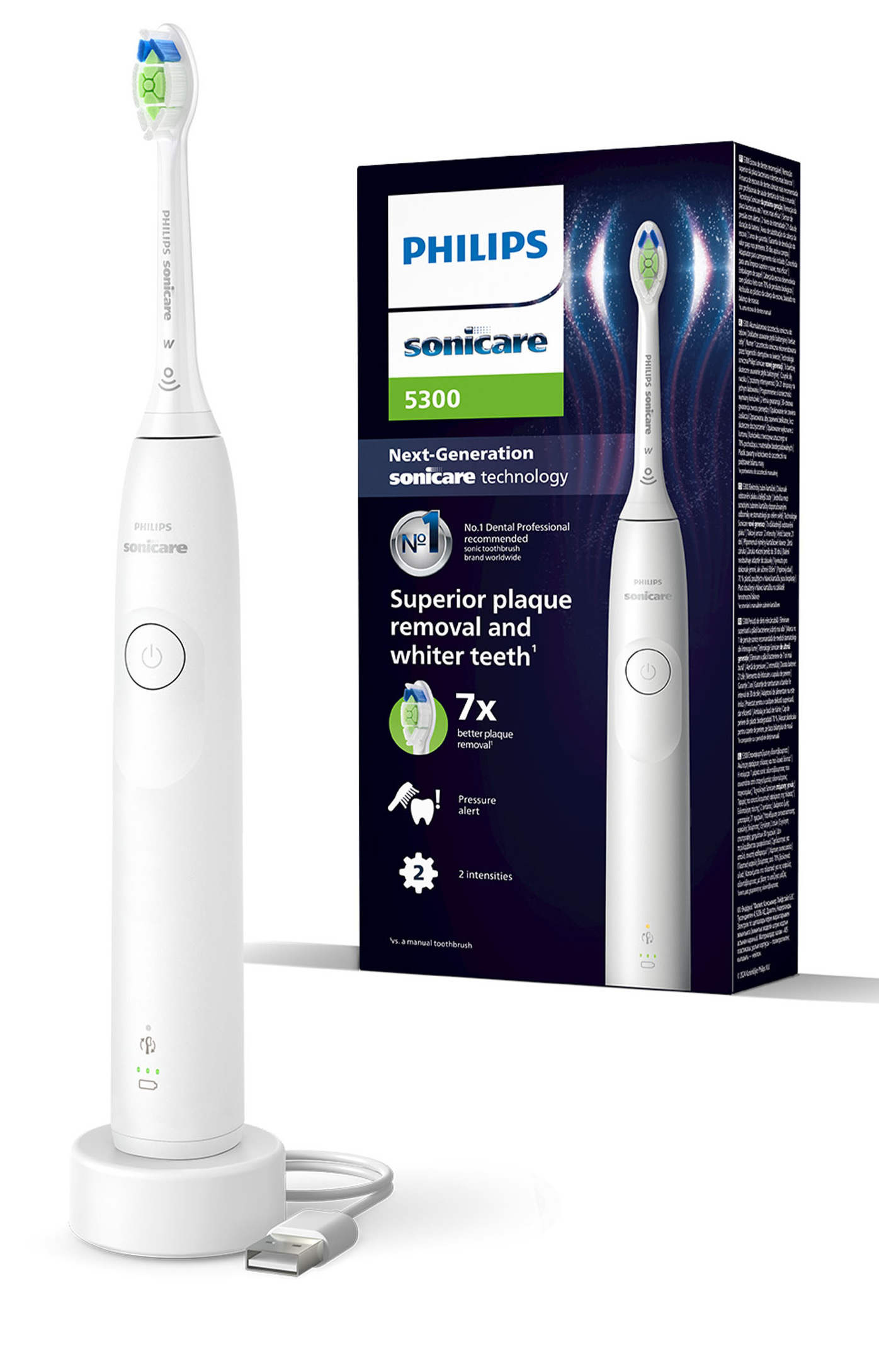 Biała elektryczna szczoteczka do zębów z ładowarką i pudełkiem. Pudełko pokazuje nazwę i funkcje produktu.