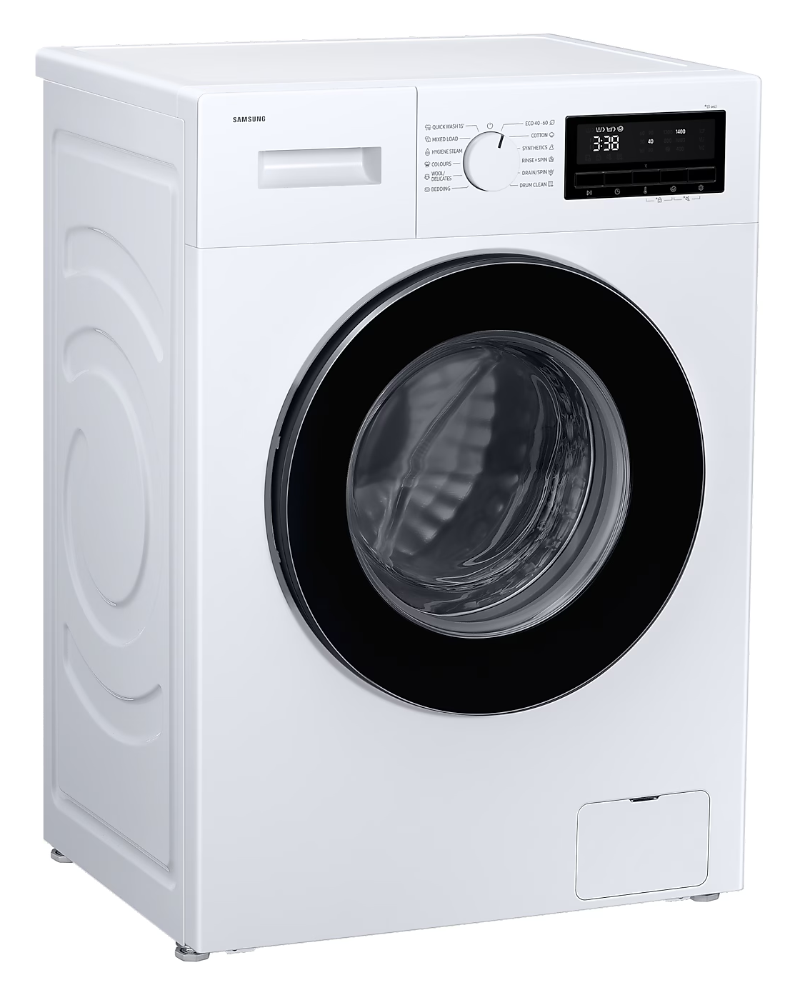 Fehér Samsung mosógép, oldalnézet, a kezelőpanelt és az ajtót mutatja.
