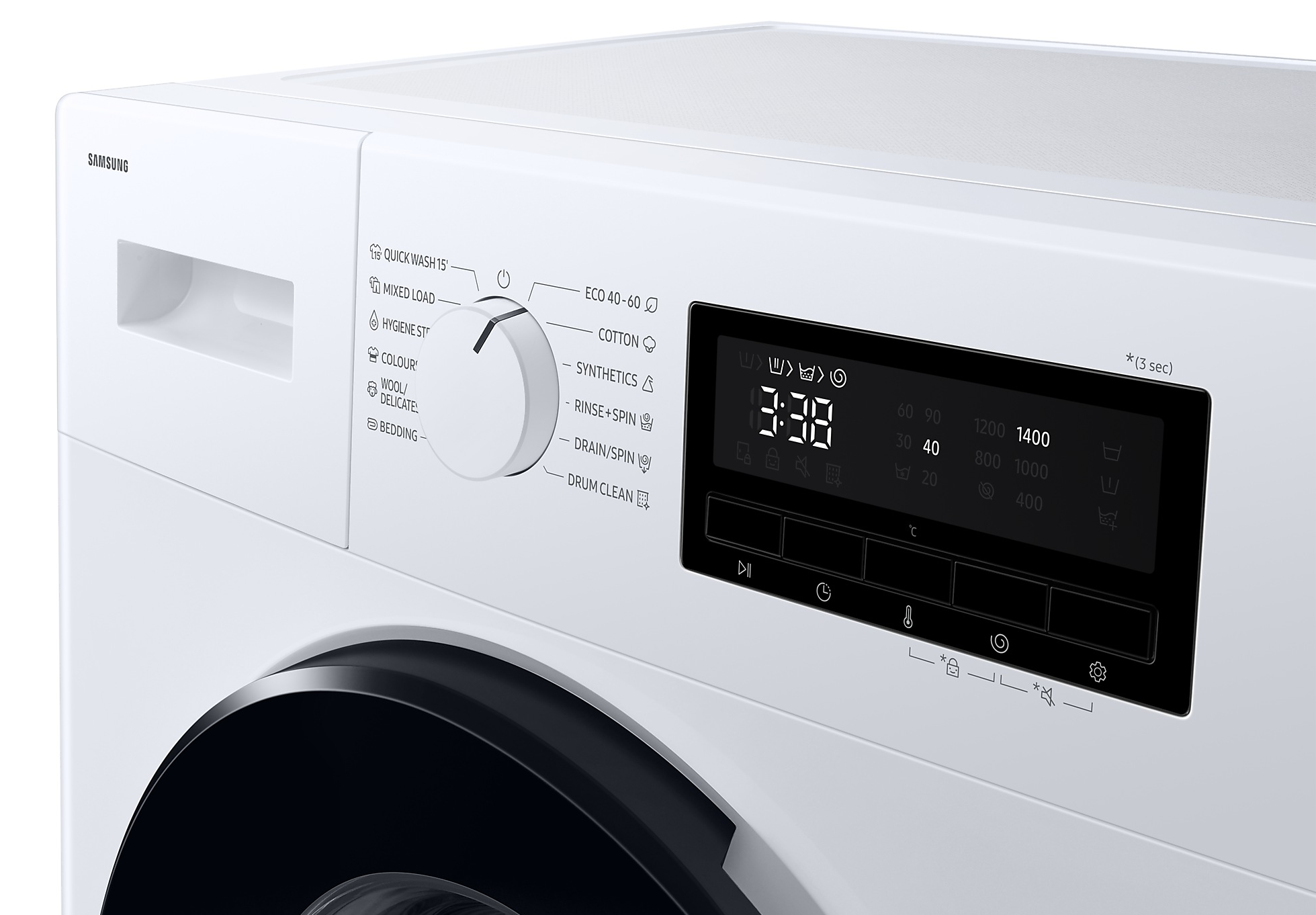 Fehér mosógép tárcsával, képernyővel és fekete ajtóval.