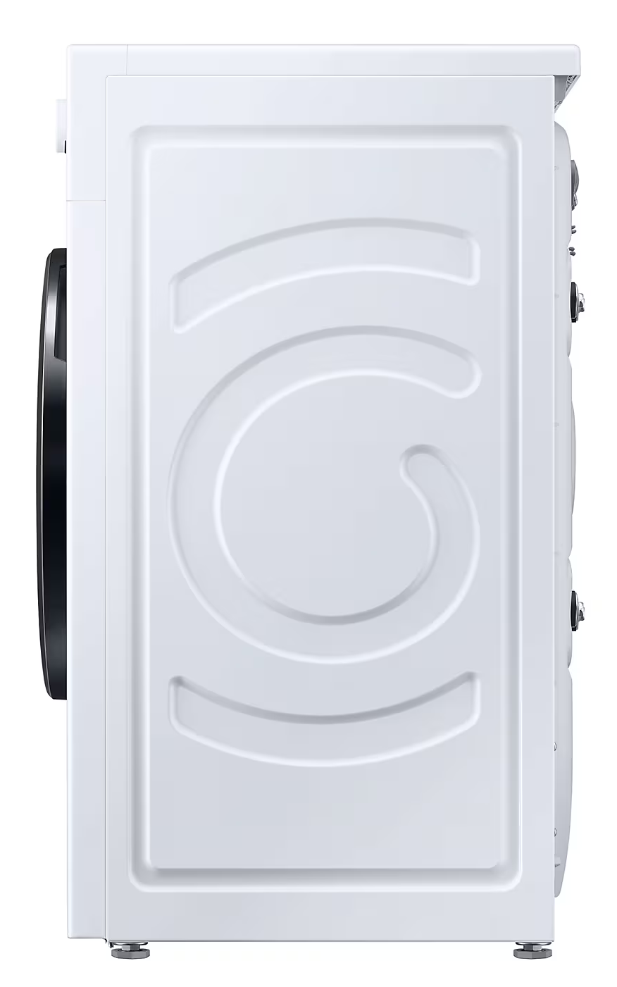 Fehér mosógép oldalsó nézete, fekete ajtóval és ezüst lábakkal.