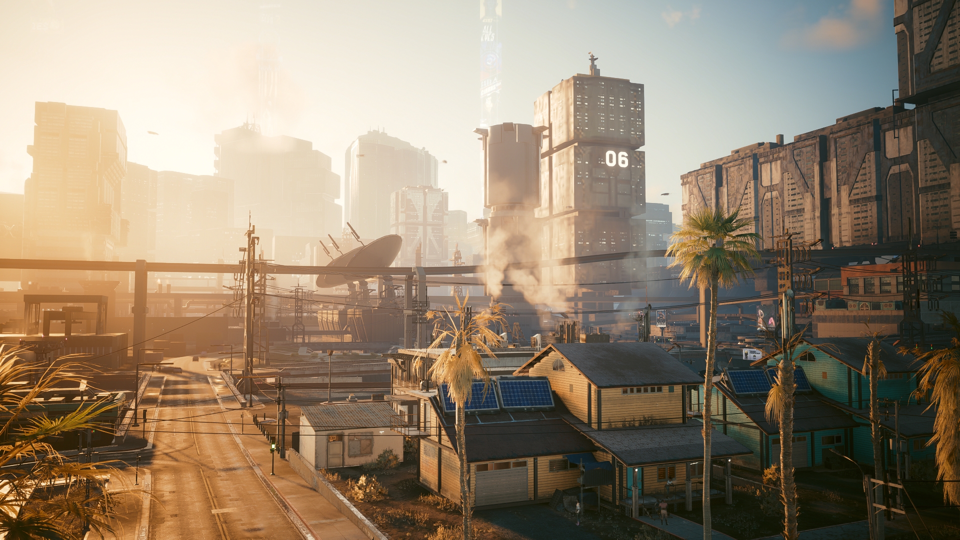 Futurystyczne miasto z wysokimi budynkami i palmami pod jasnym niebem. Scena rozgrywa się o zmierzchu.