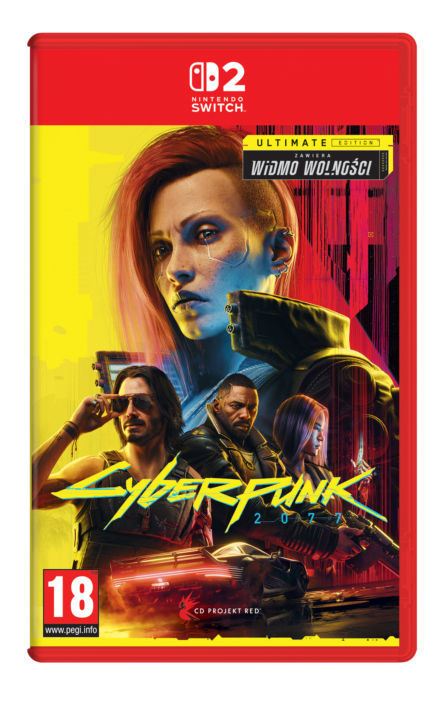 Pudełko gry Cyberpunk 2077, z kobietą z rudymi włosami i postaciami z gry.