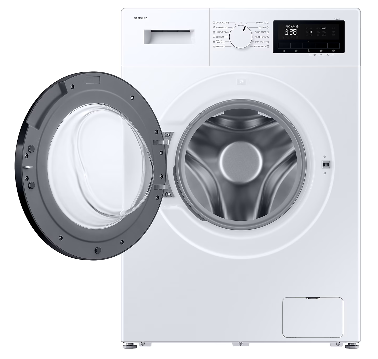 Fehér Samsung mosógép nyitott ajtóval, a belső dobbal és a vezérlőpanellel.